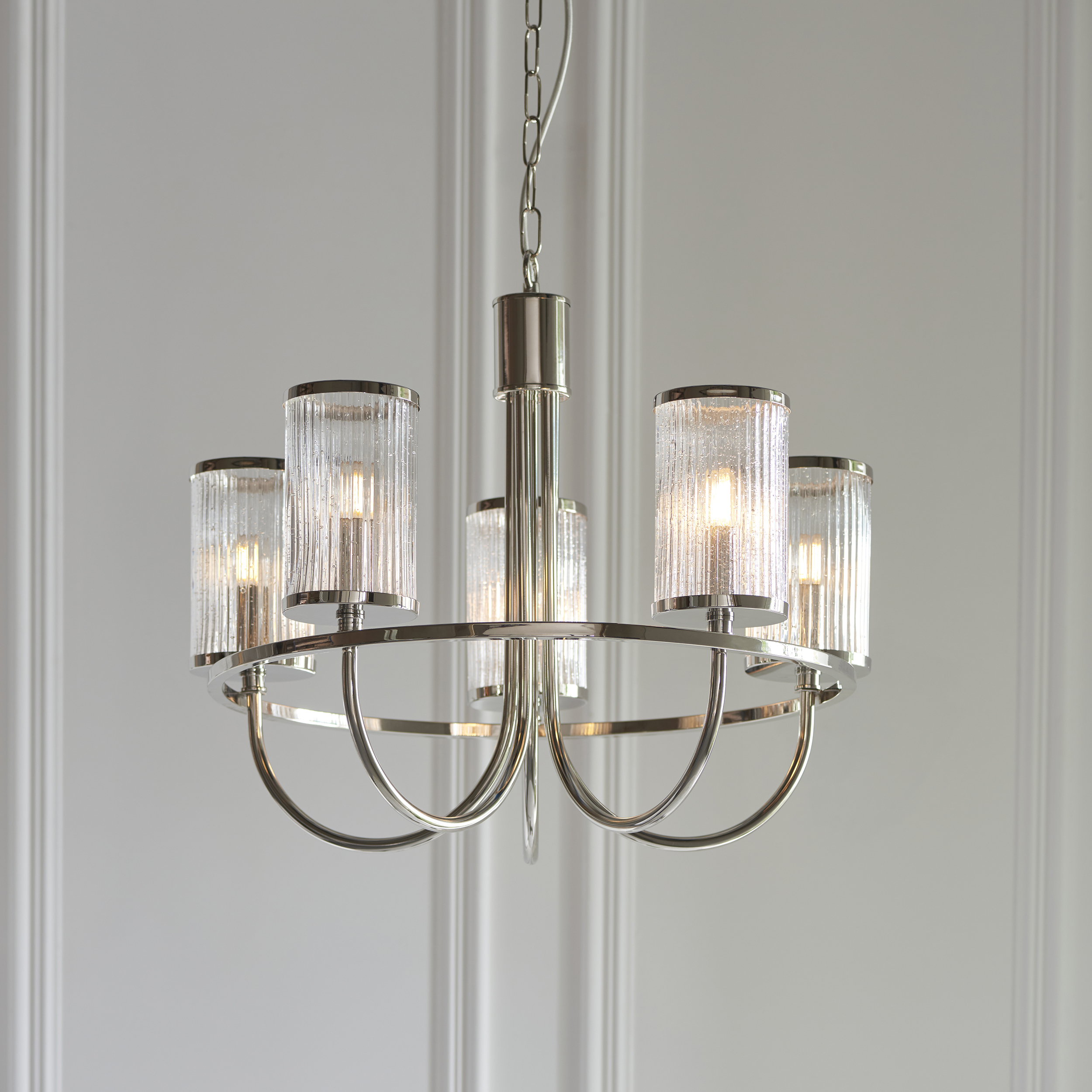 Yarn 5 Arm Chandelier, Nickel, Glass, 57cm