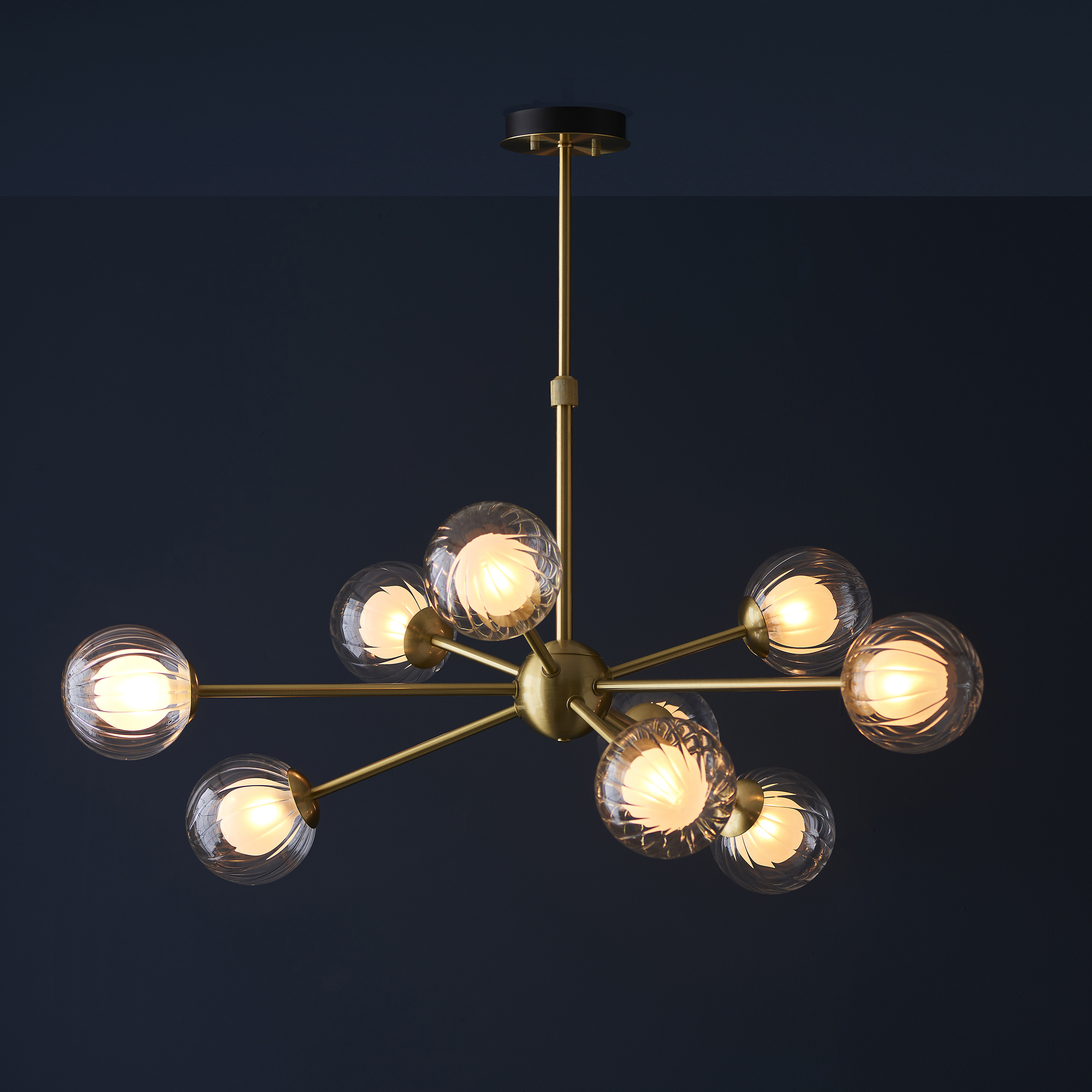 Eros Pendant Light, 9 Lamp, Brass, Glass Shades, 92cm