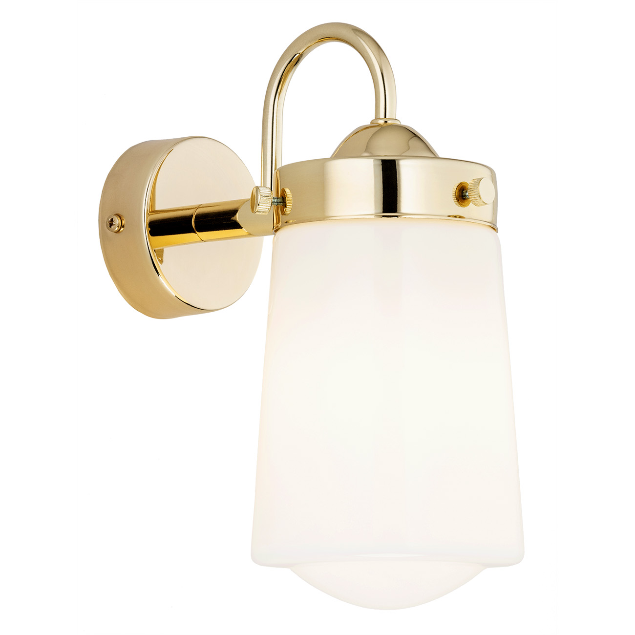 Adena IP44 Wall Light, Polished Brass, White Opal Glass Shade, 1 Light, 12cm Width