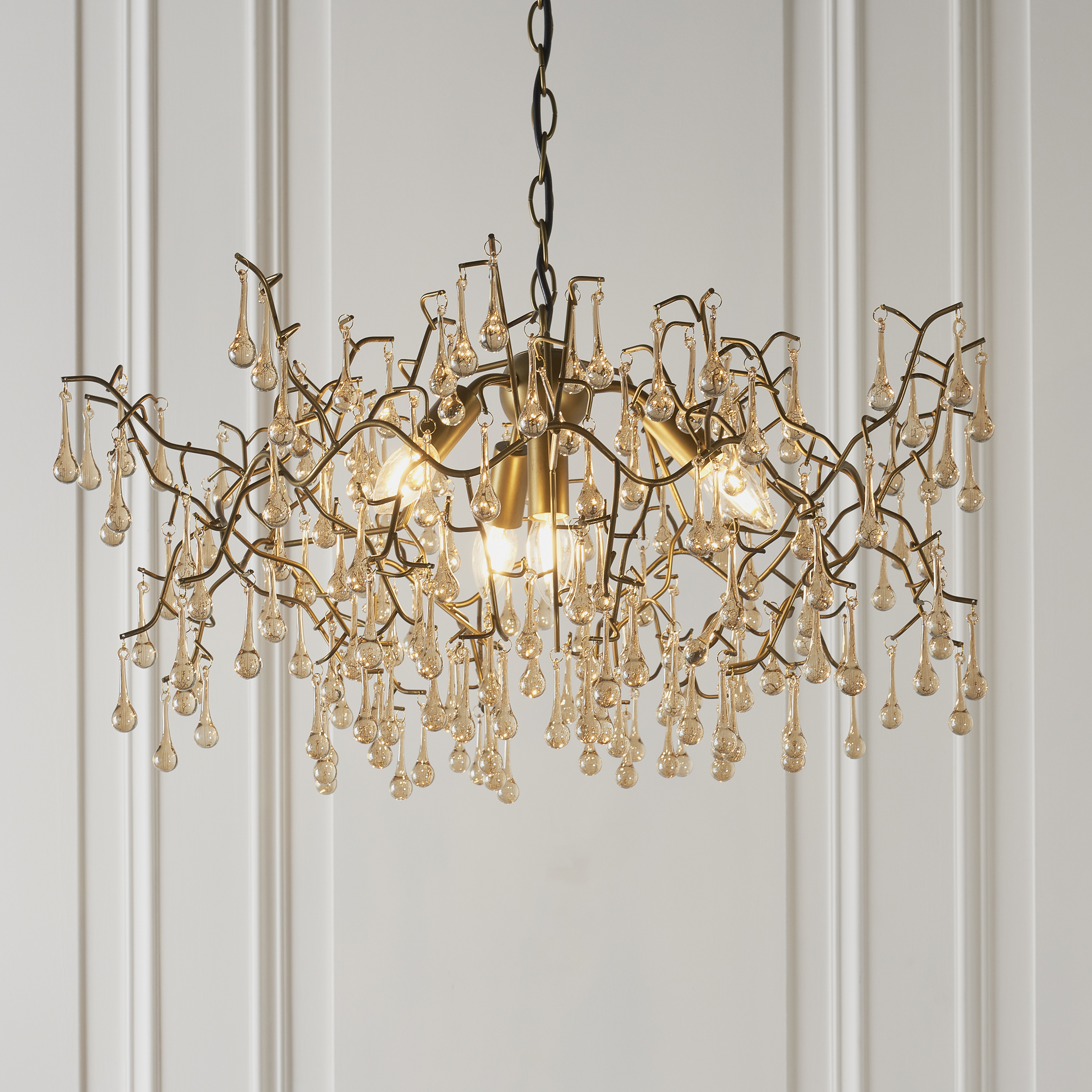 Remi Chandelier, Aged Gold, Glass Drops, 4 Lamps, 75cm