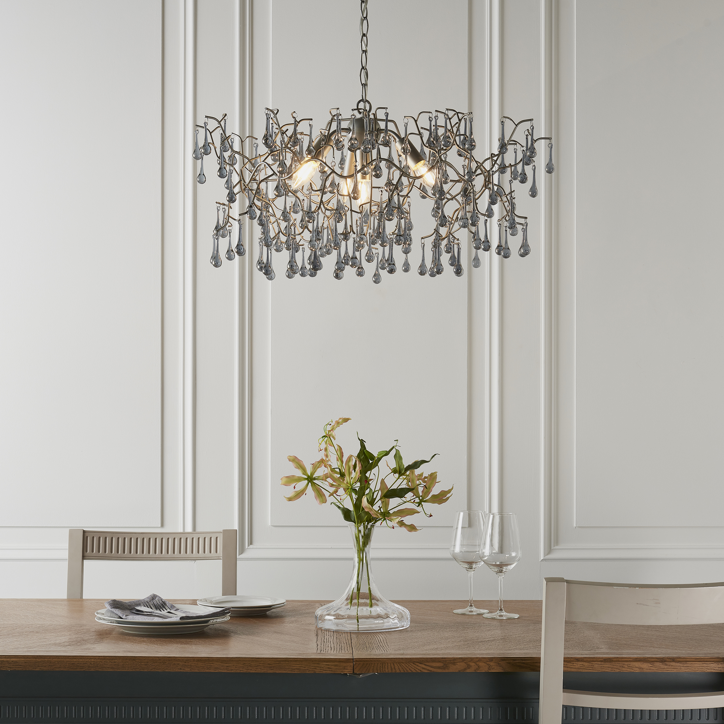 Remi Chandelier, Silver, Glass Drops, 4 Lights, 75cm