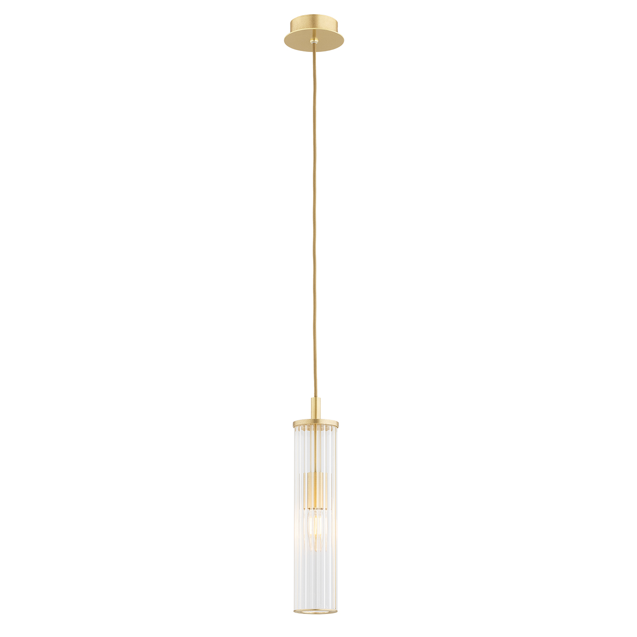 Ampton Long Glass Pendant Lamp, 1 Light, Brass, Ribbed, 10cm