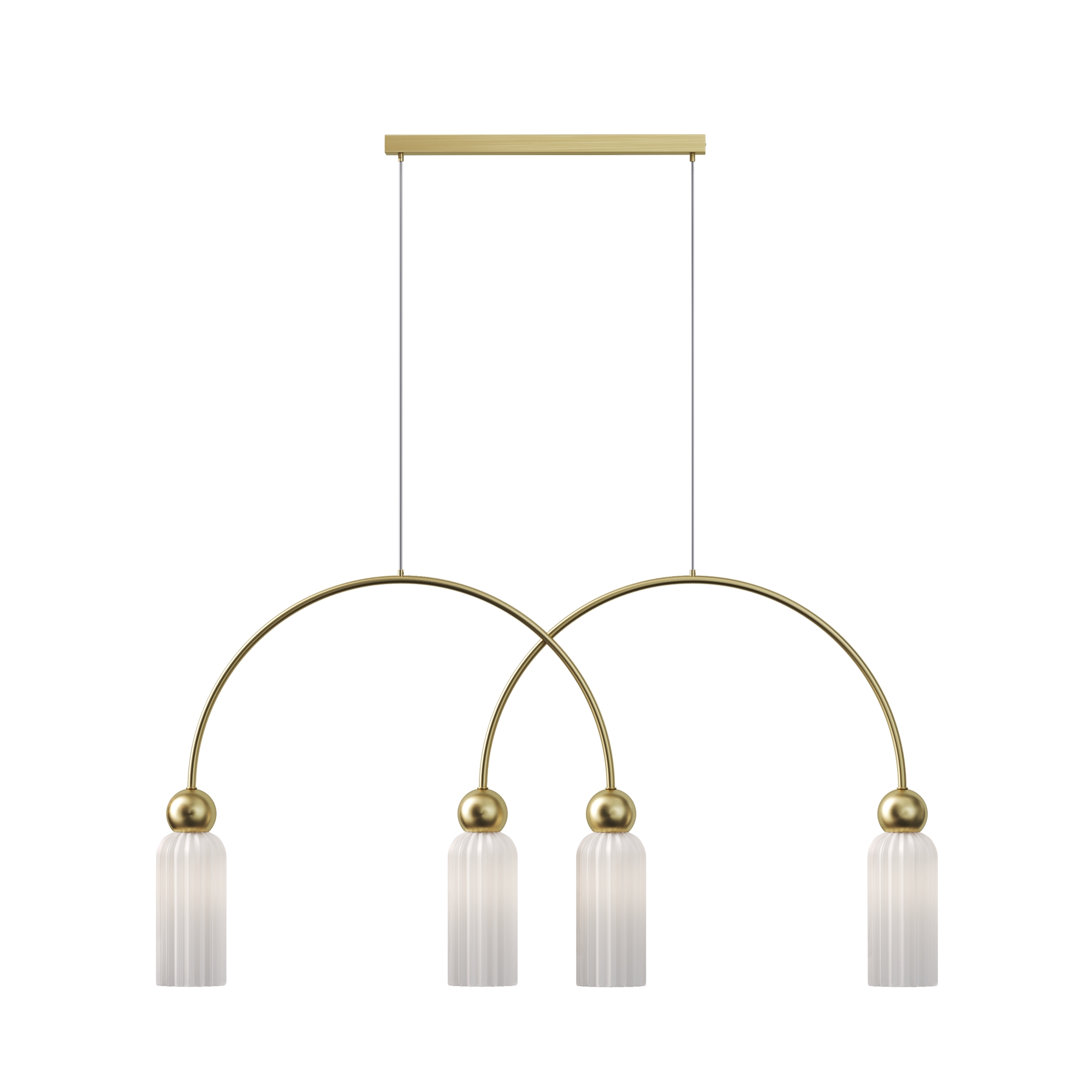 Antic Curved Pendant Light, 4 Lamp, White Glass, Gold Metal, 1100cm Length