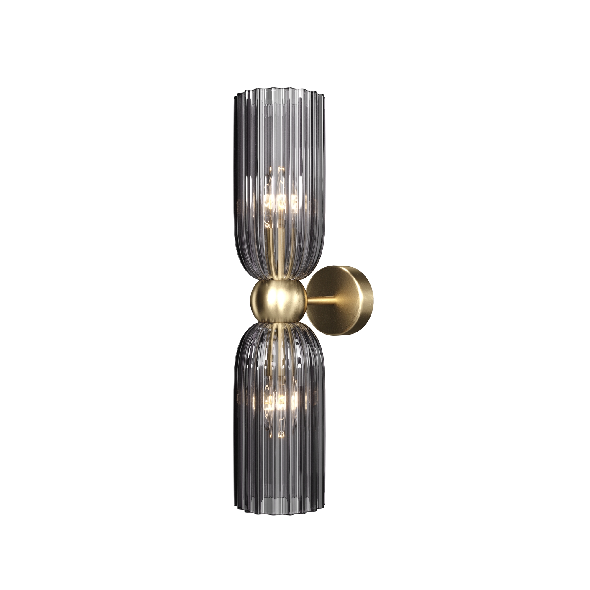 Antic Up & Down Grey Glass Wall Lamp, Wide Ribbed Cylinder, 2 Light, Gold, 43.5 Height