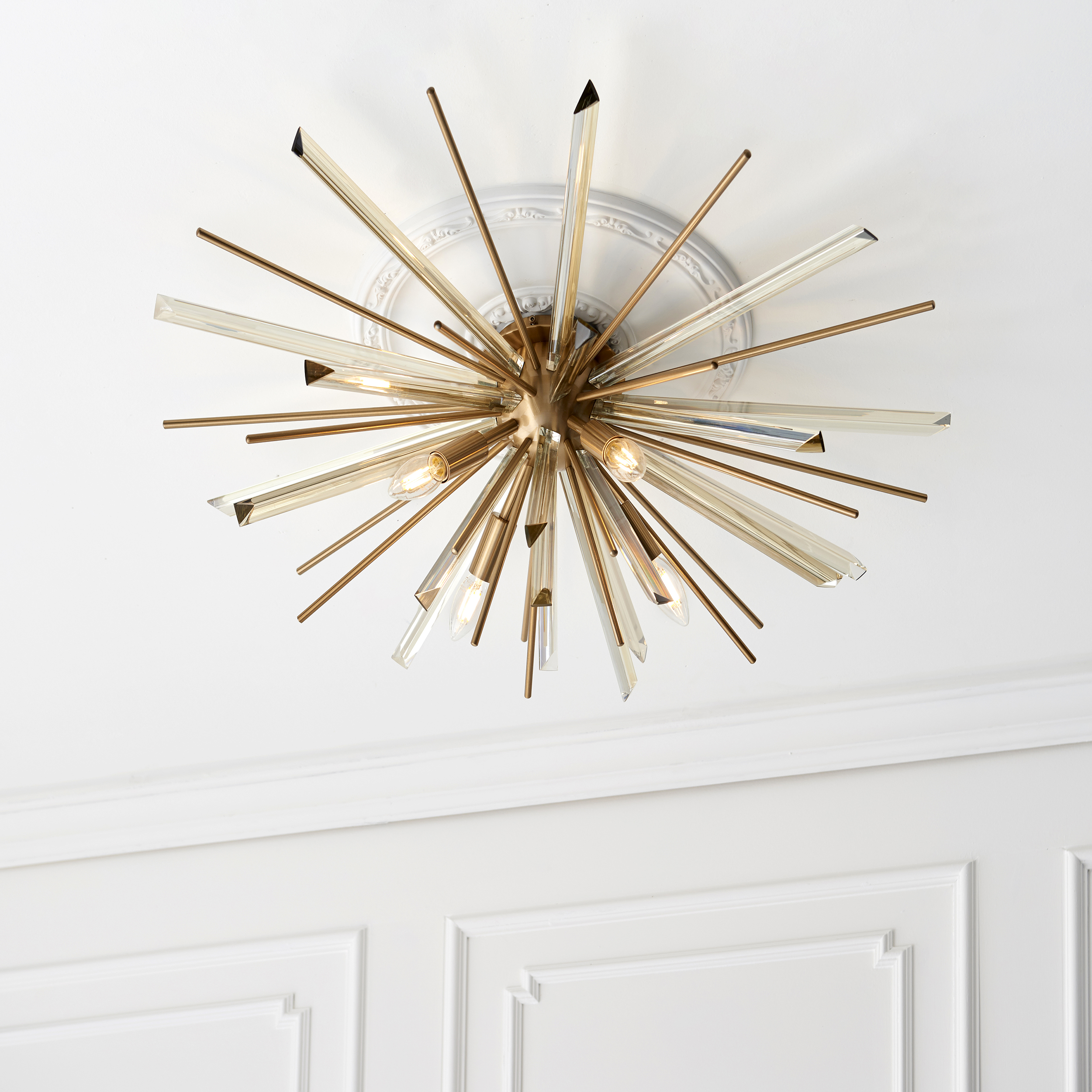 Starburst Ceiling Light, Flush, Antique Brass, Glass, 80cm