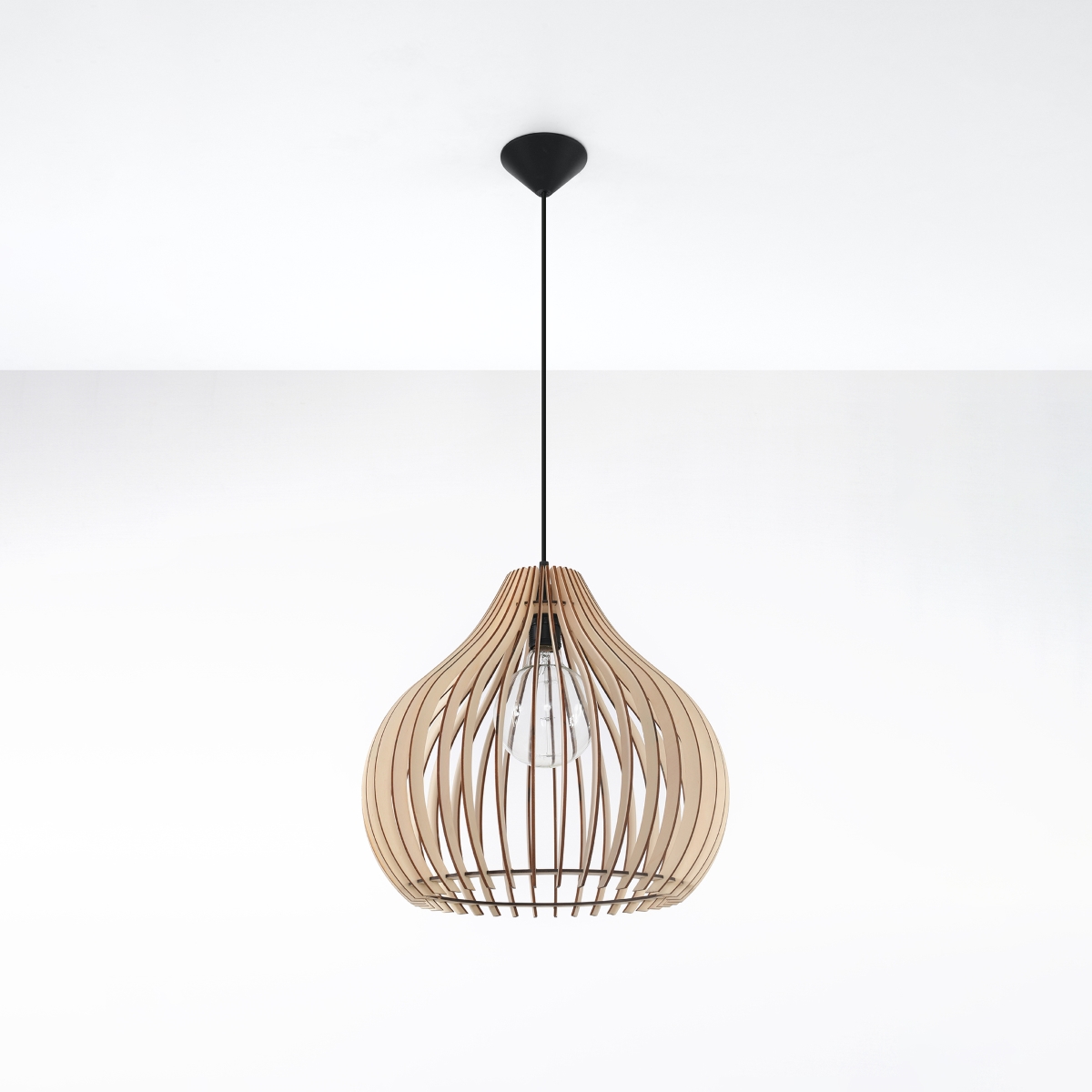 Avrila Wood Pendant Lights, Black Metal Suspension, 1 Light, 40cm Diameter