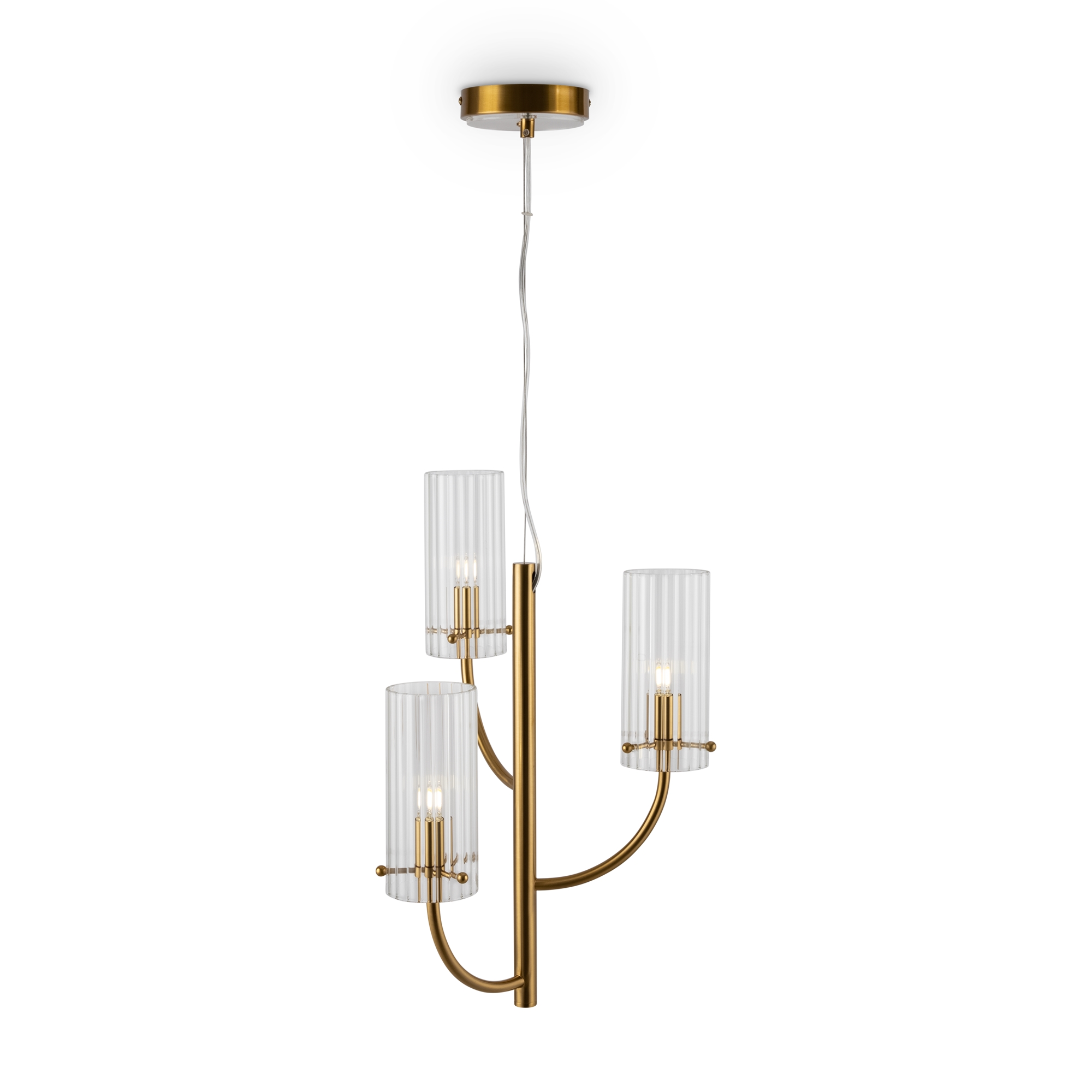 Arco Brass Pendant Lamp, 3 Light, Ribbed Glass Shades, Metal, 35cm Wide