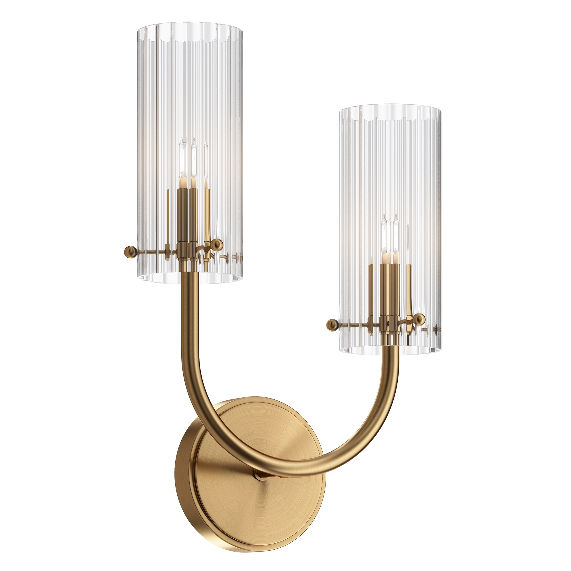 Arco Right Brass Wall Lamp, Clear Ribbed Glass, 2 Light, 25cm Wide