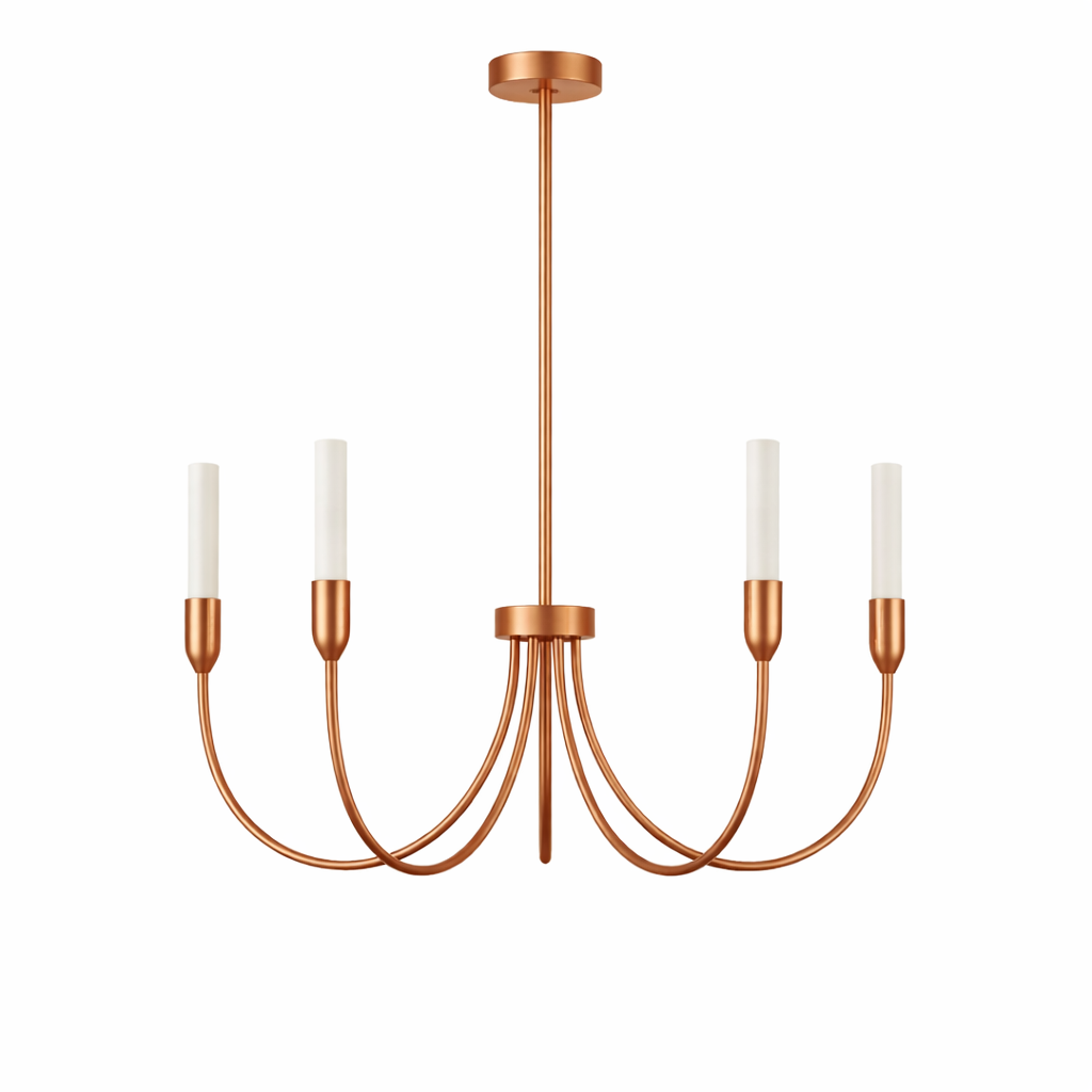 Argust 5 Arm Chandelier, Copper Steel, White Glass Shades, 48cm Diameter