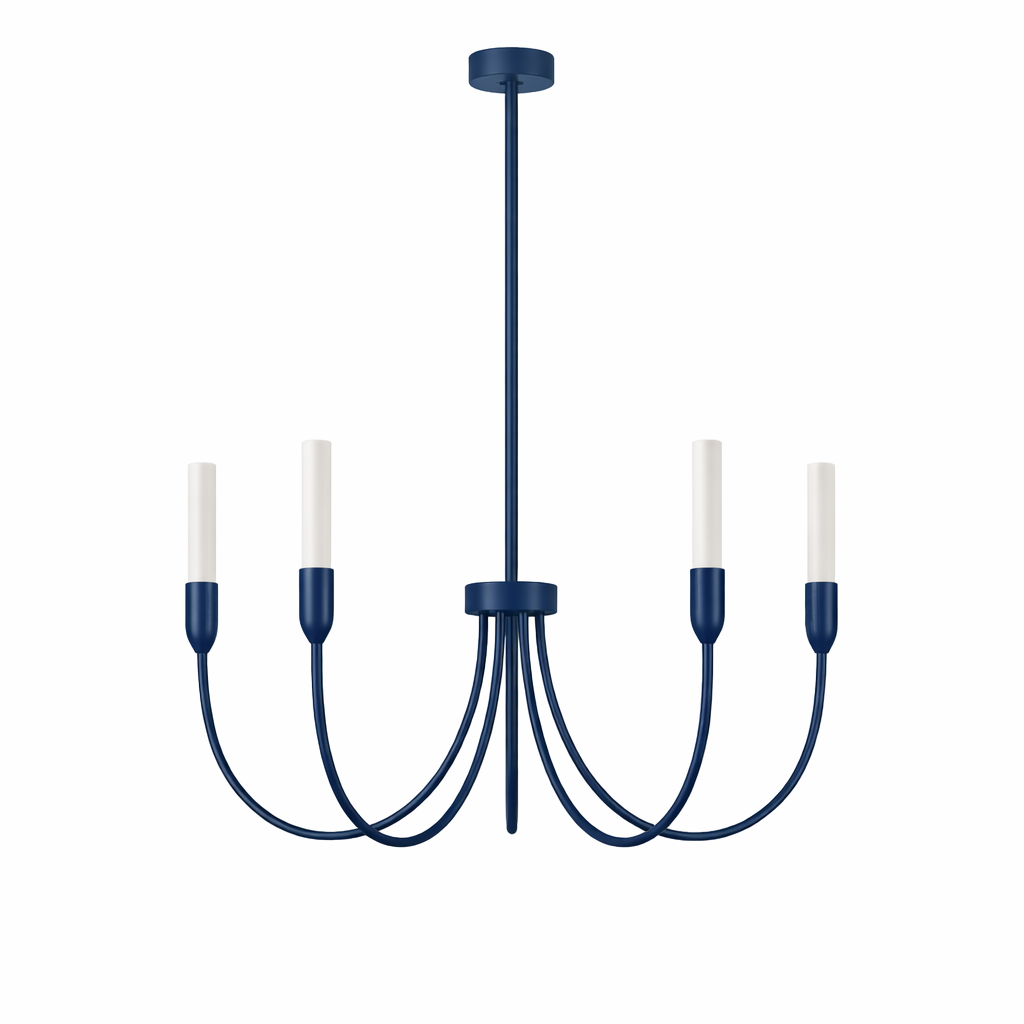 Argust 5 Arm Navy Blue Chandelier, Steel, White Glass Shades, 48cm Diameter