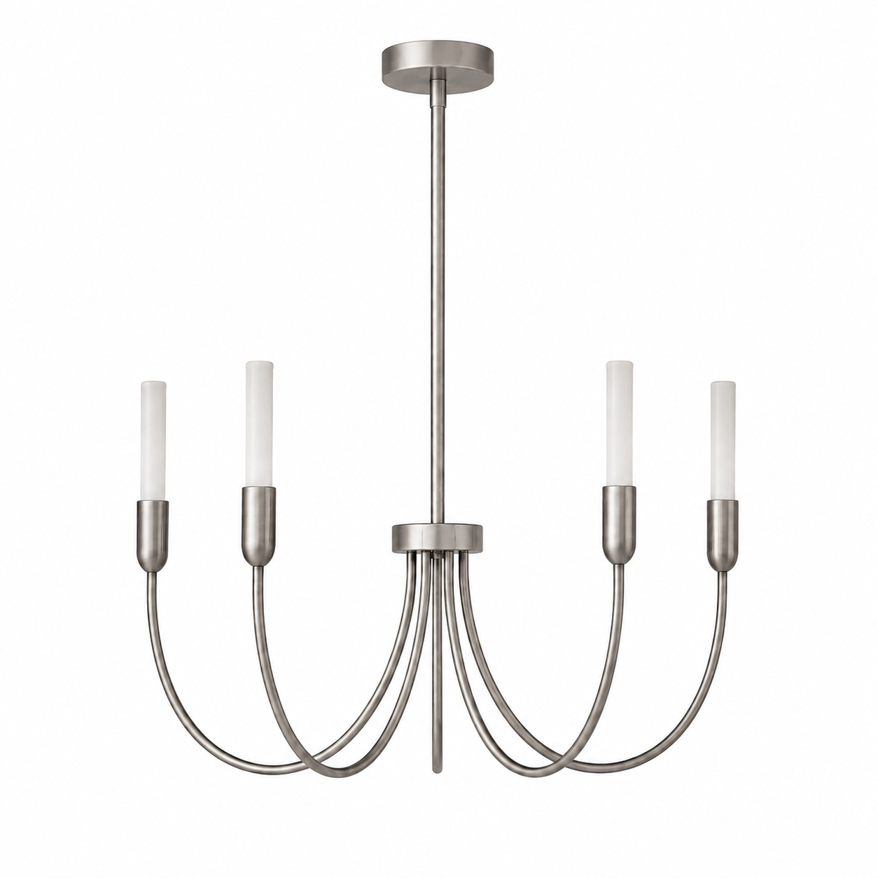 Argust 5 Lamp Nickel Chandelier, Steel, White Glass Shades, 48cm Diameter