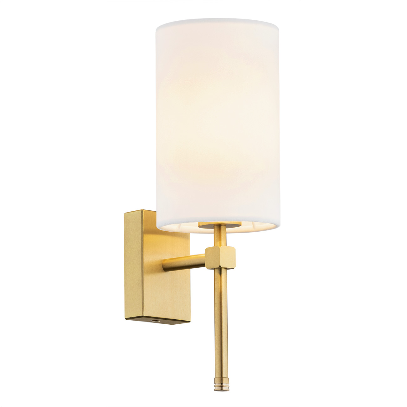 Aruzzo Wall Light, Brushed Brass, White Fabric Lampshade, 12.5cm Width