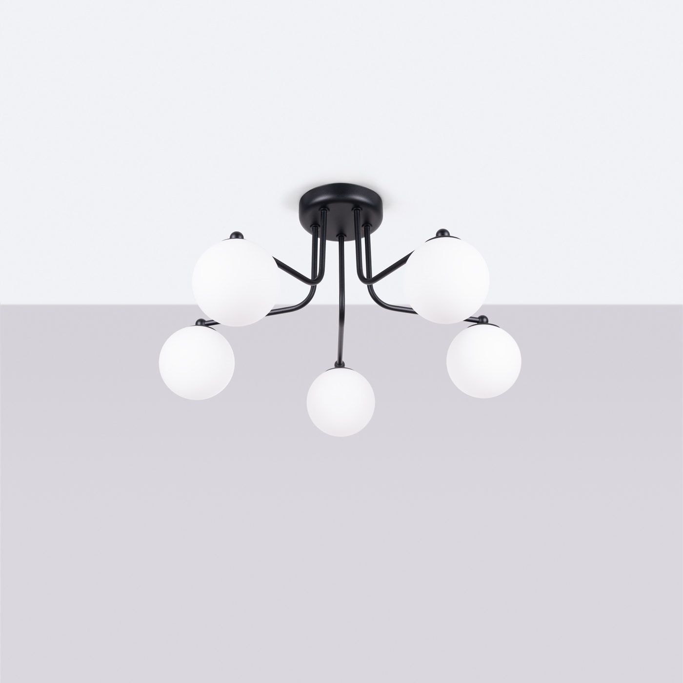 Aztrale 5 Light Ceiling Lamp, Semi Flush, Black Metal. White Glass Globes, 64cm