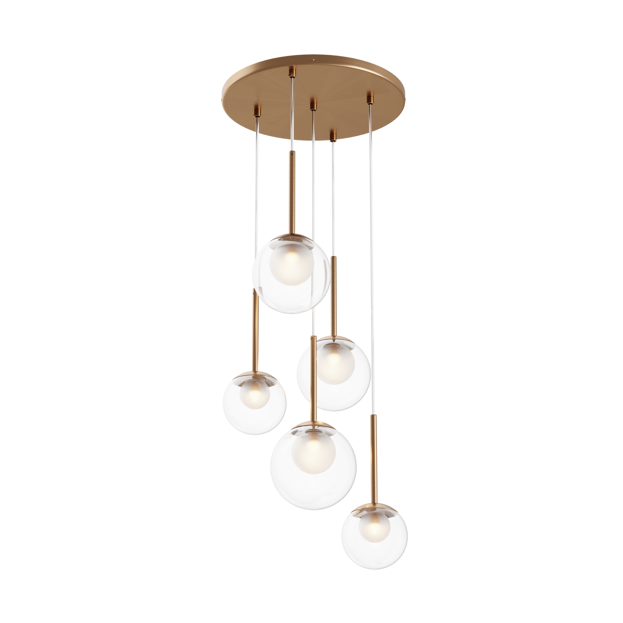 Basic Form Multi Drop 5 Lamp Pendant Light, Gold Metal, Clear & Frosted Glass, 45cm Wide