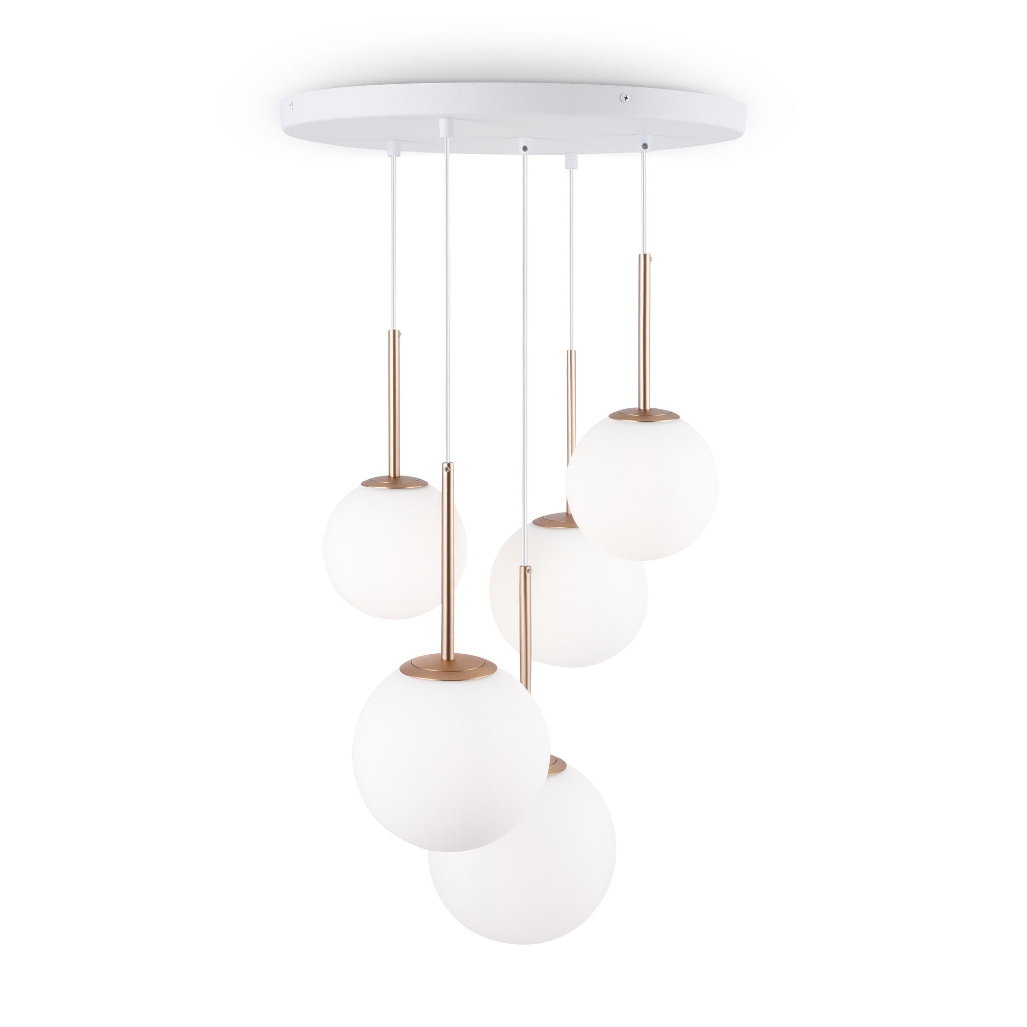 Basic Form Gold & White Multi Drop Pendant Light, 5 Lamp, Opal Glass, 58cm Wide