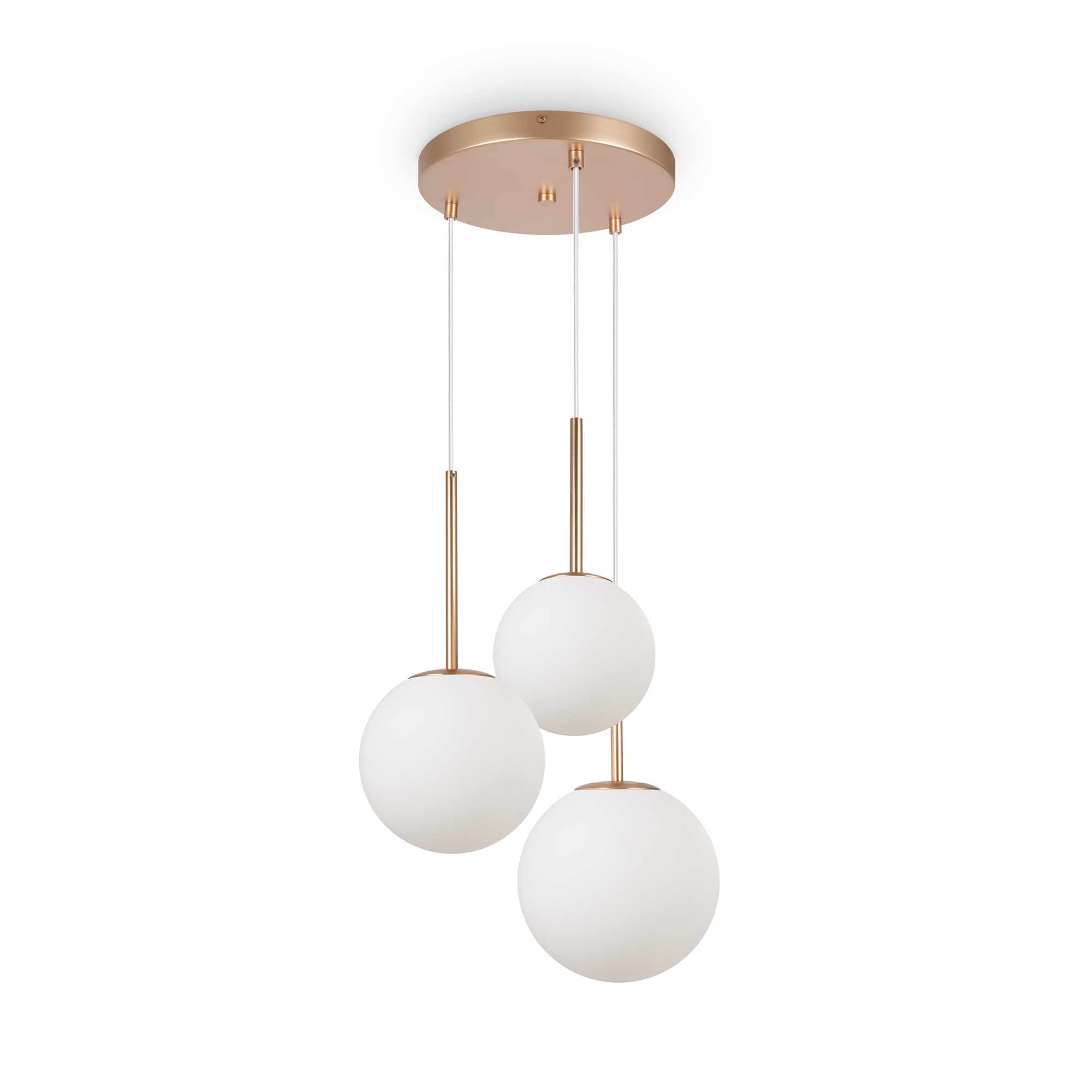 Basic Form 3 Light Tiered Pendant Lamp, Gold Metal, Opal Glass, 40cm Wide