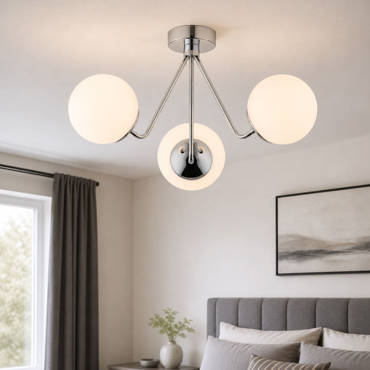 Tom Chrome Semi Flush Ceiling Light, 3 Light, Metal, Opal Glass, 51cm Wide