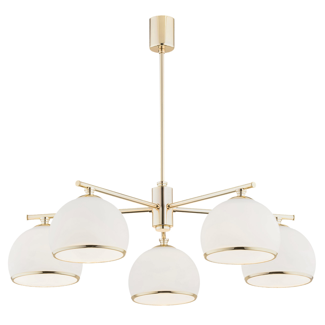 Bella 5 Light Down Facing Chandelier, Brass Metal, Opal Glass Shades, 68cm Width