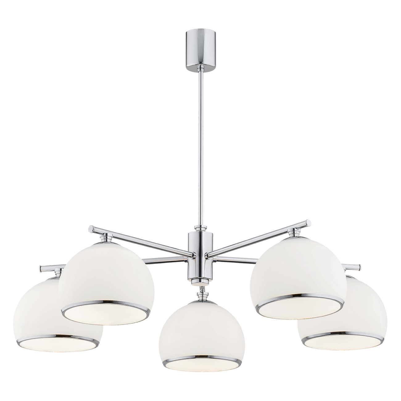 Bella 5 Lamp Down Facing Chandelier, Chrome Metal, Opal Glass, 68cm Wide