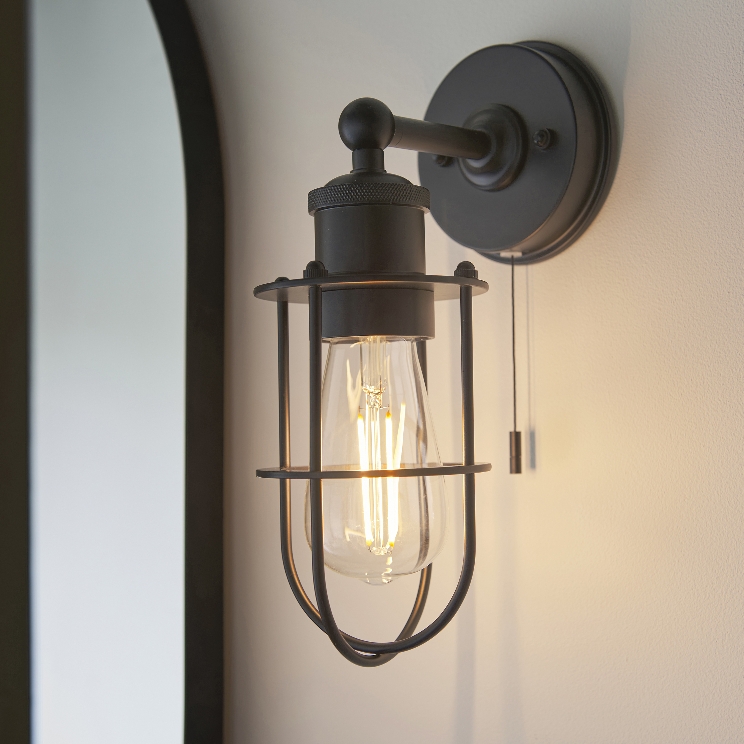 Knave Bathroom Wall Light, Black, Caged, Pull Cord, IP44
