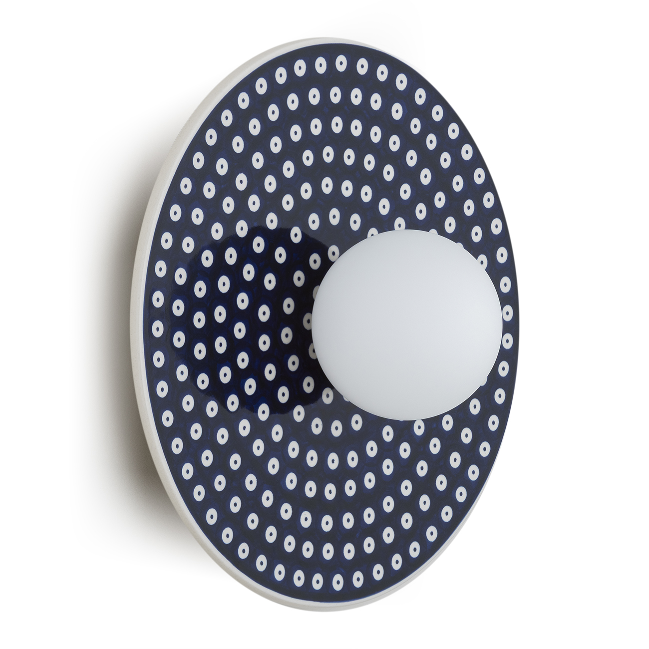 Bolu Circular IP44 Ceramic Wall Lamp, Deep Cobalt Blue, Opal Glass, 30cm Diameter