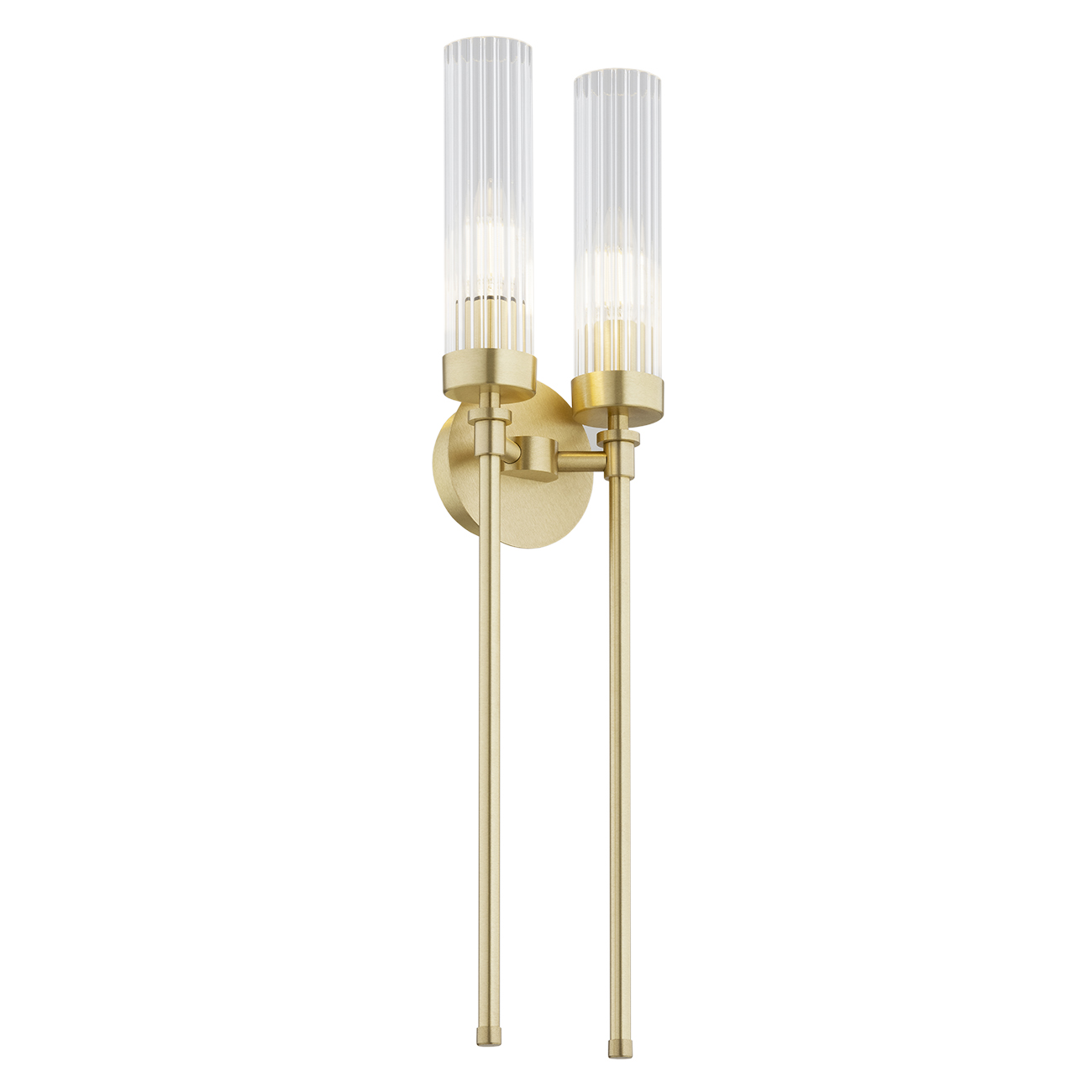 Brezton 2 Lamp Long Wall Light, Brushed Brass, Clear Ribbed Glass, 14cm Wide