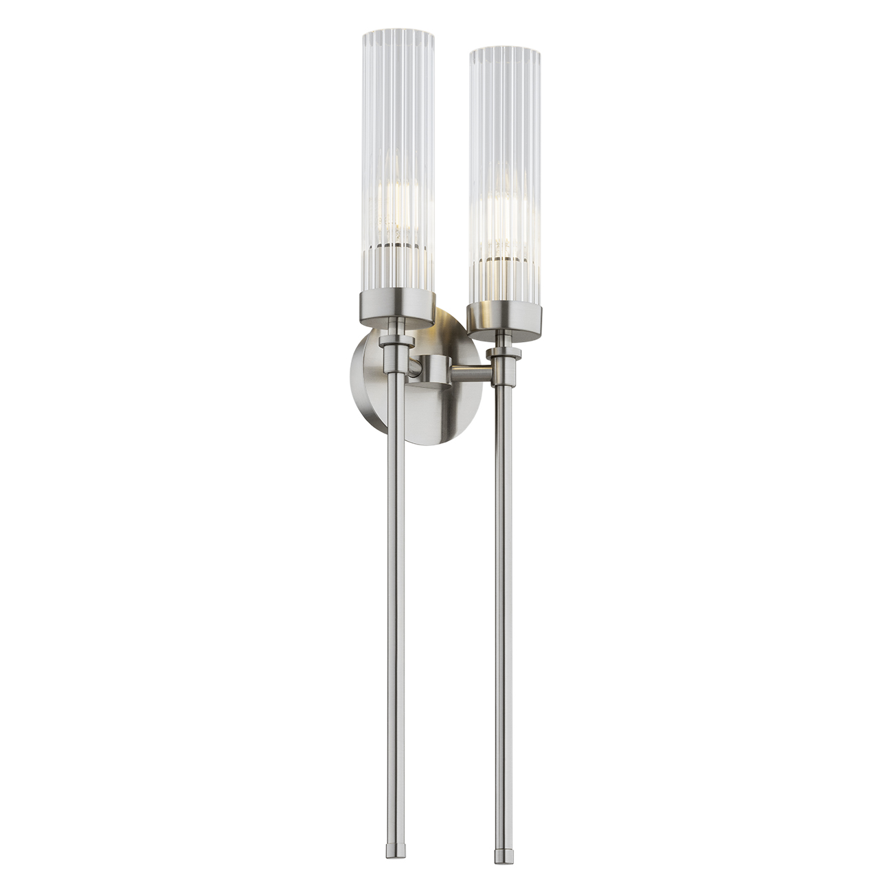 Brezton 2 Light Long Wall Lamp, Brushed Nickel, Clear Ribbed Glass, Steel, 14cm Wide
