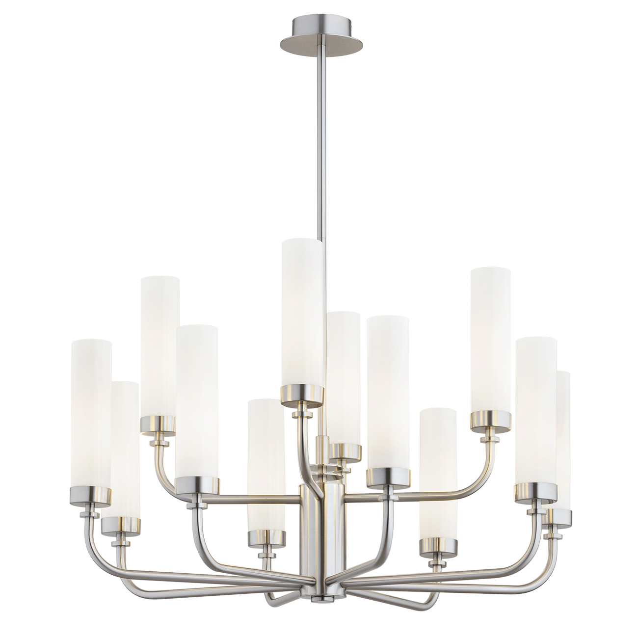 Brezton 12 Light Armed Chandelier, Brushed Nickel, Two Tiers, Milk Glass, 65cm Wide