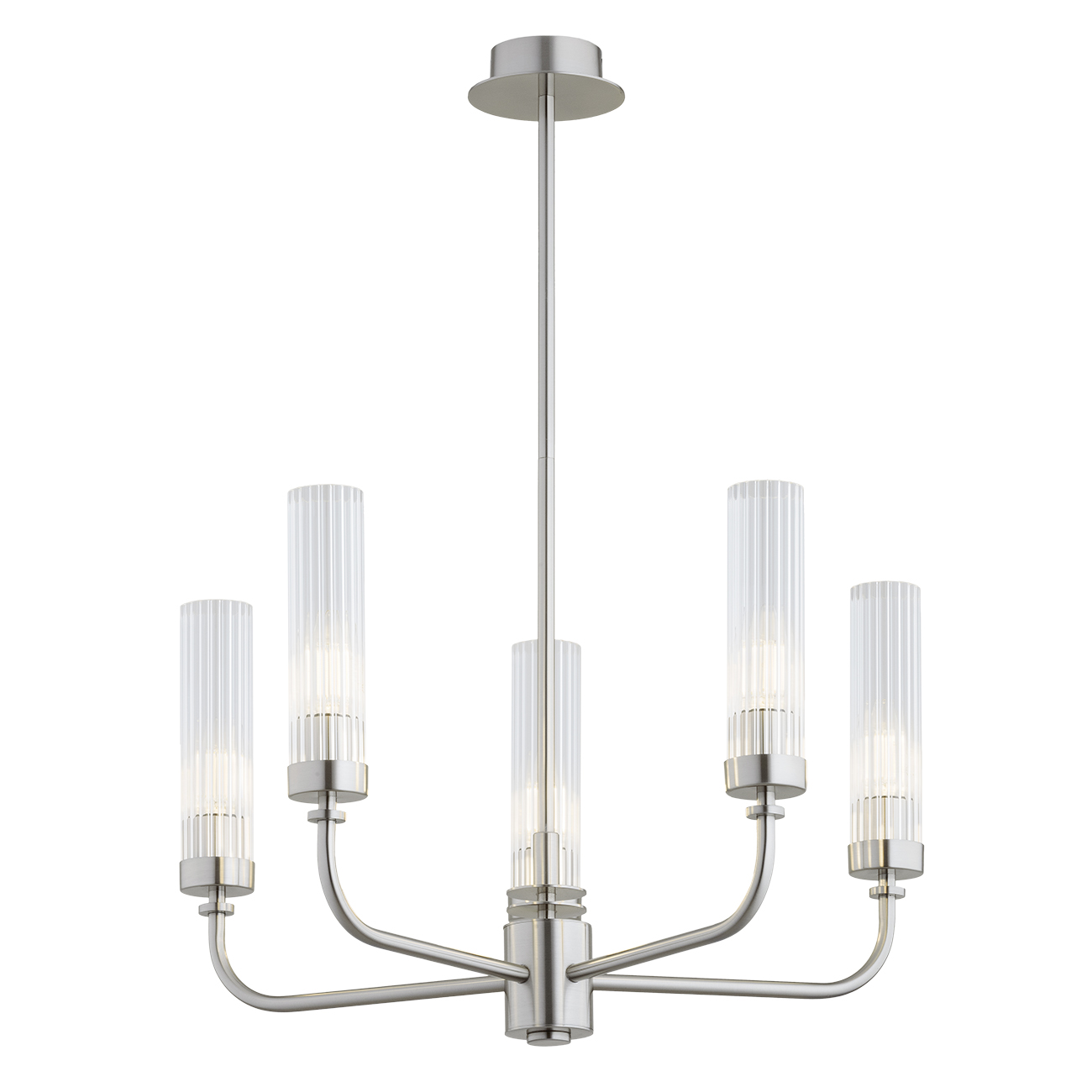 Brezton 5 Lamp Chandelier, Brushed Nickel, Ribbed Glass, Galvanised Steel, 50cm Wide