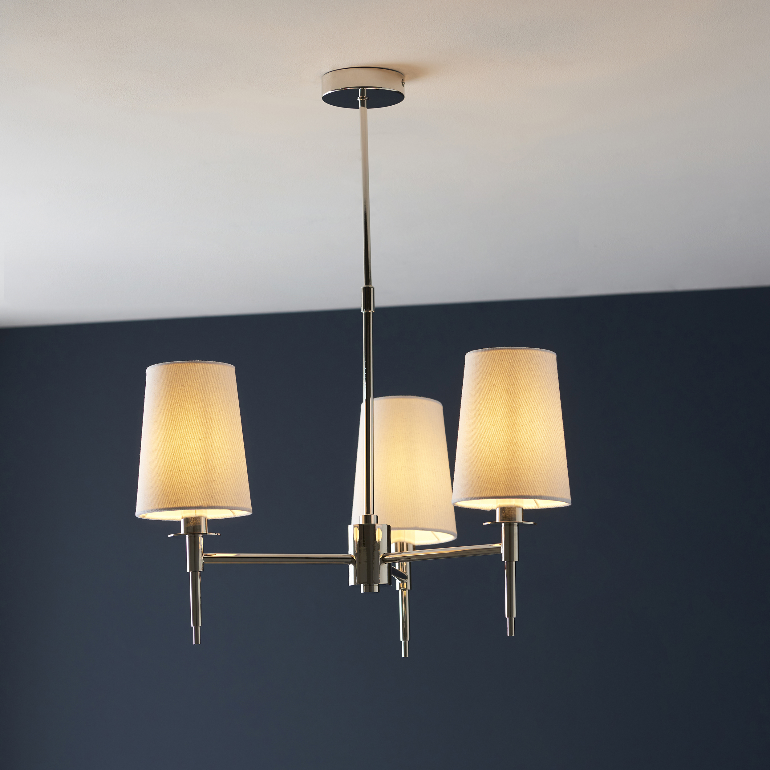 Lilt Rod Chandelier, Chrome Nickel, 3 Arm, White Shades, 55cm