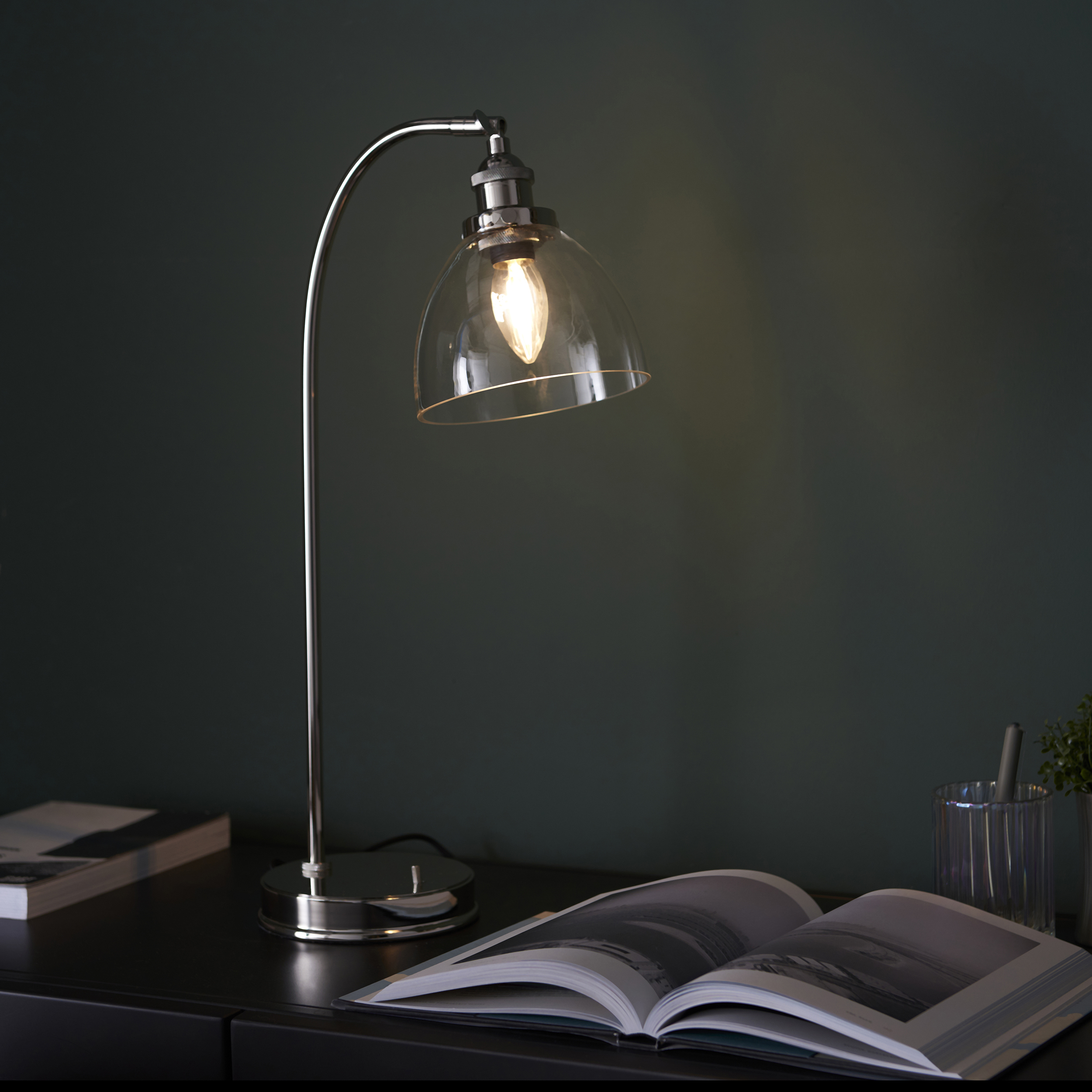 Ferri Desk Lamp, Polished Nickel, Clear Glass Shade
