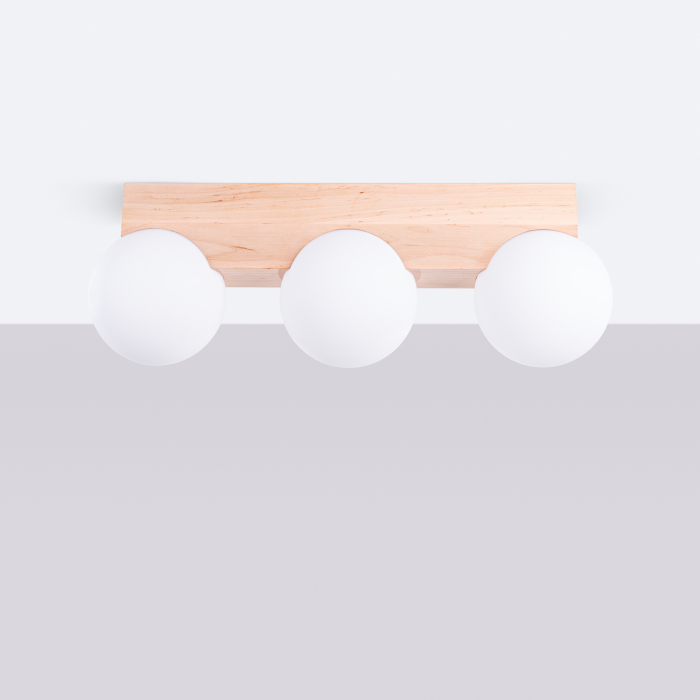 Lumbo 3 Lamp Ceiling Light, Natural Wood, White Glass Globes, 46cm Length