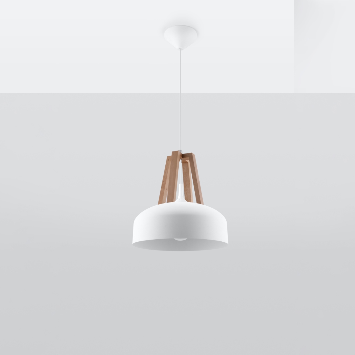 Kaska White Pendant Light, Natural Wood & Metal, 1 Lamp, 30cm Diameter