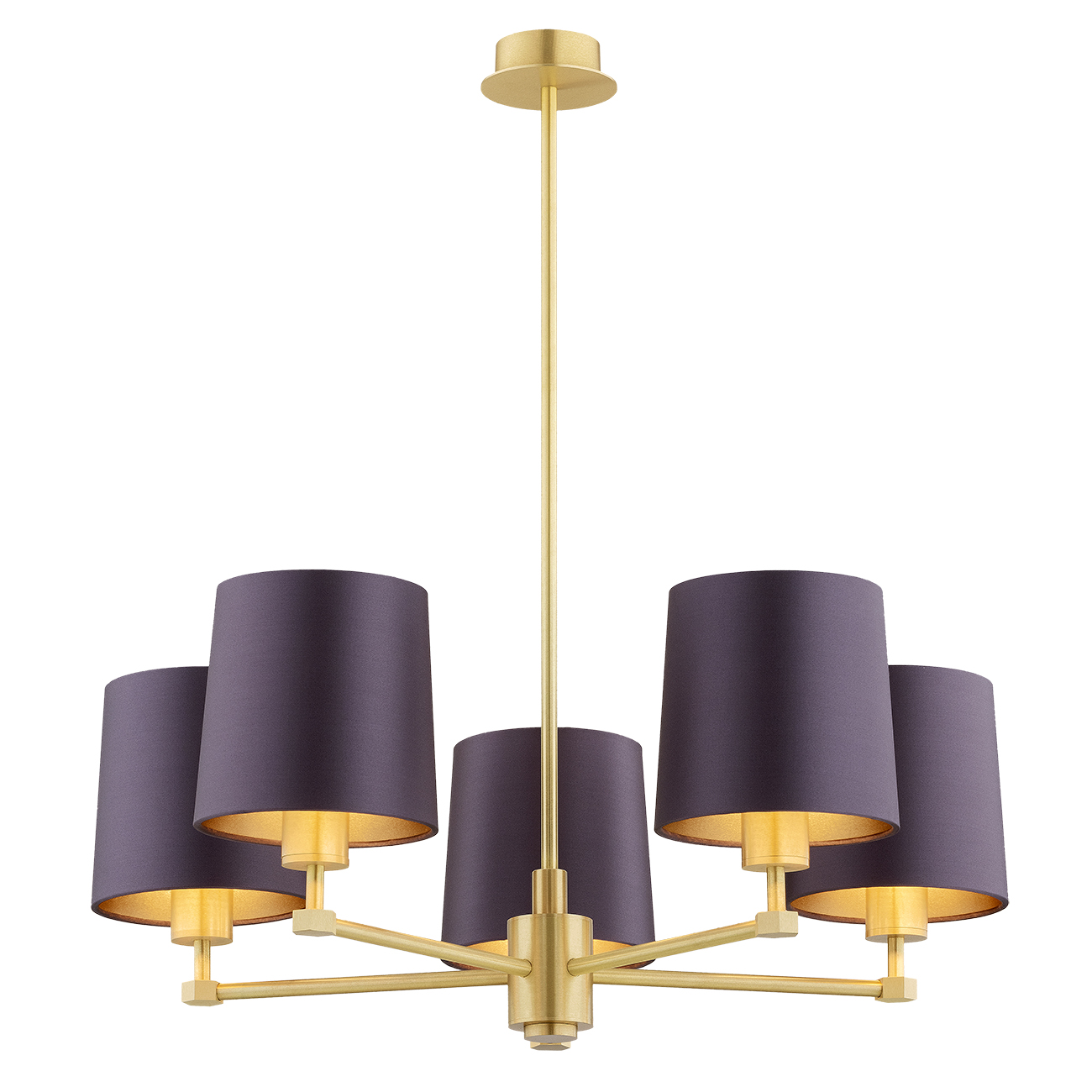 Ceton 5 Lamp Chandelier, Brass, Plum Purble Shades, 66cm Width