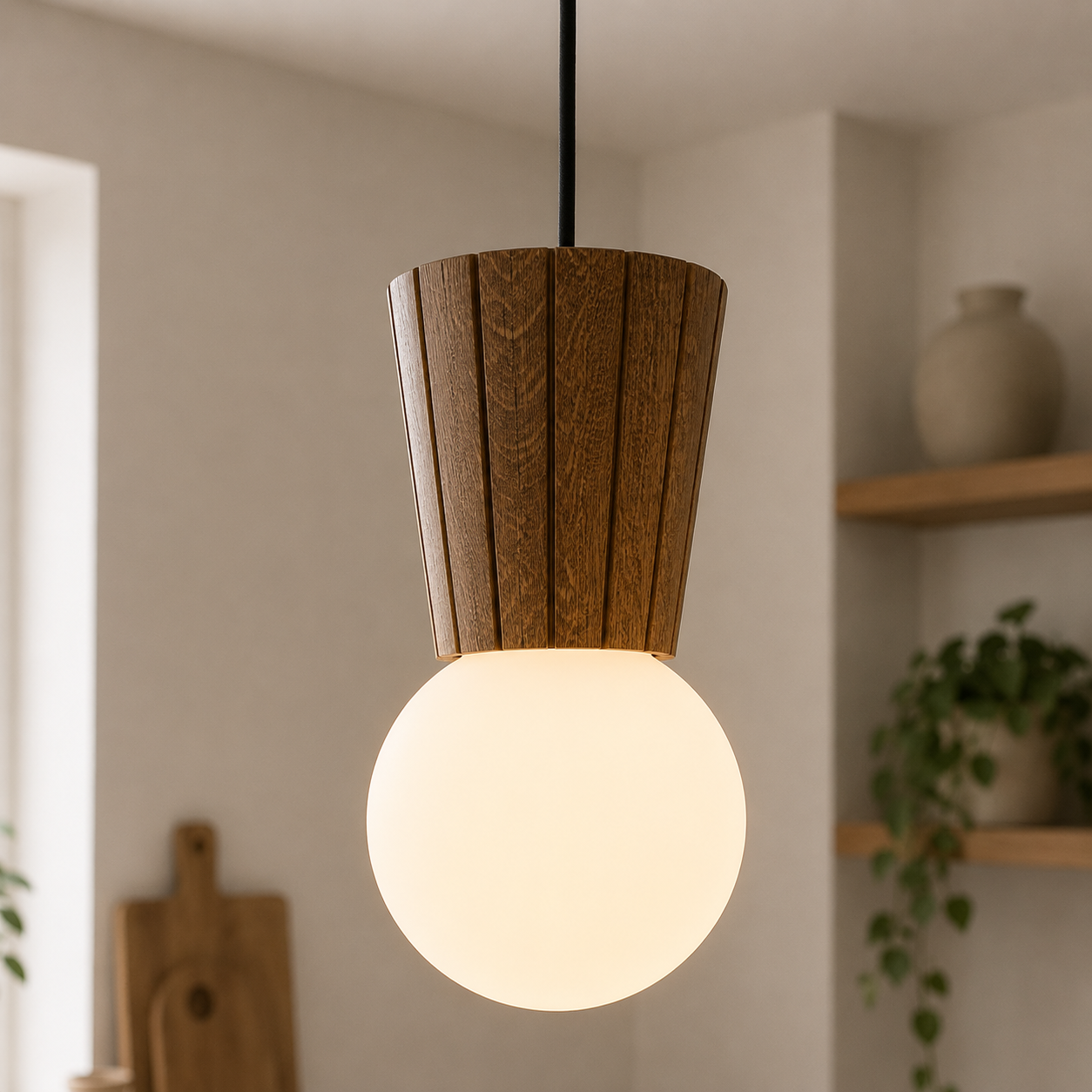 Foltant Single IP44 Pendant Light, Dark Wood, Opal Glass Shade, 12cm Wide
