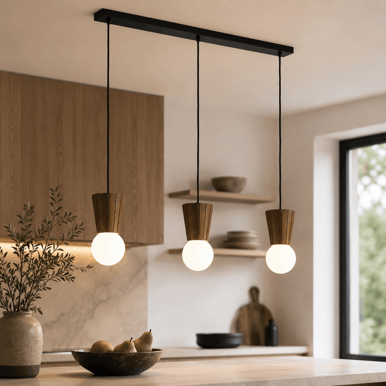Foltant IP44 3 Light Pendant Lamp, Glass Shades, Dark Wood, 90cm Length