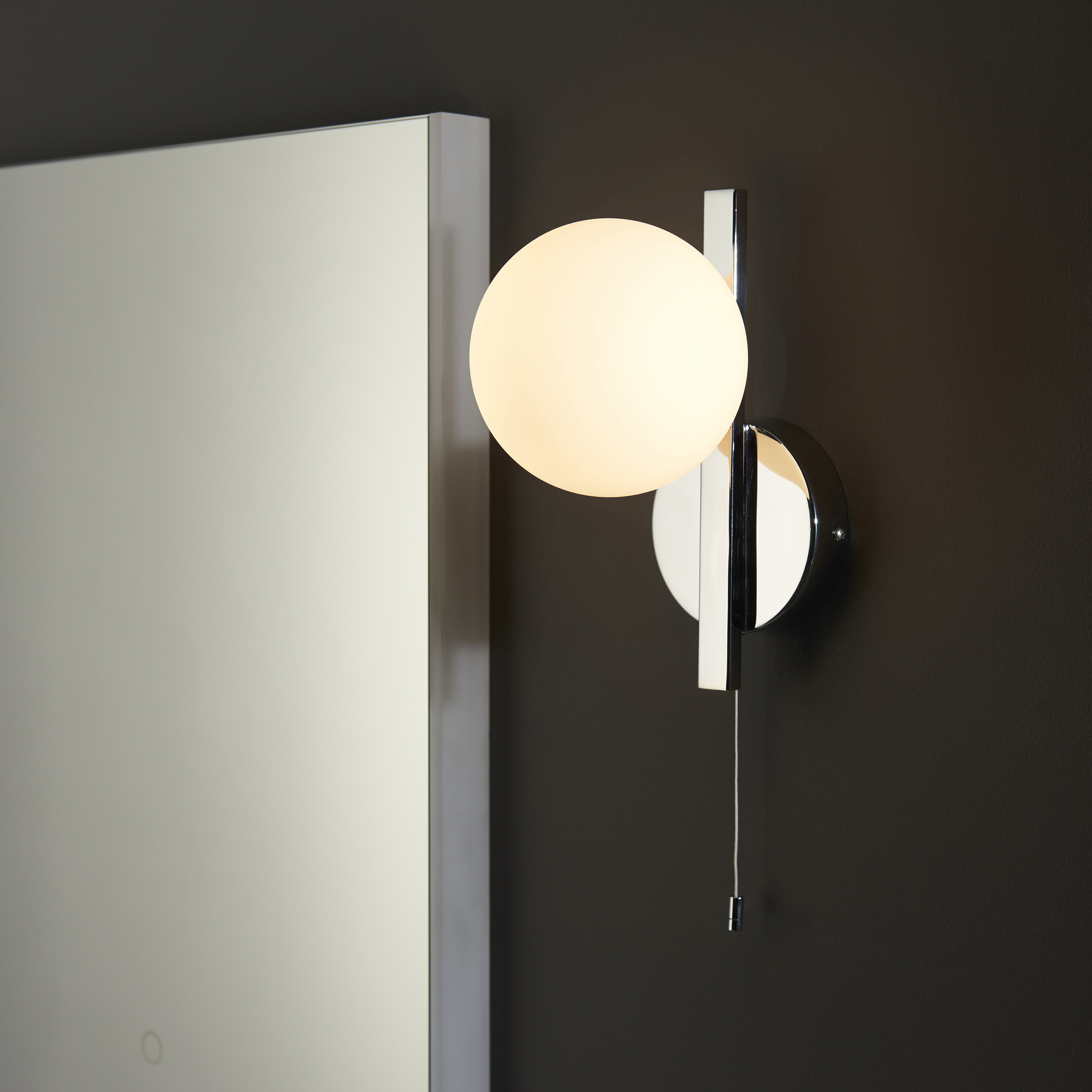 Ando IP44 Wall Light, Chrome, Opal Glass, Pull Cord Switch