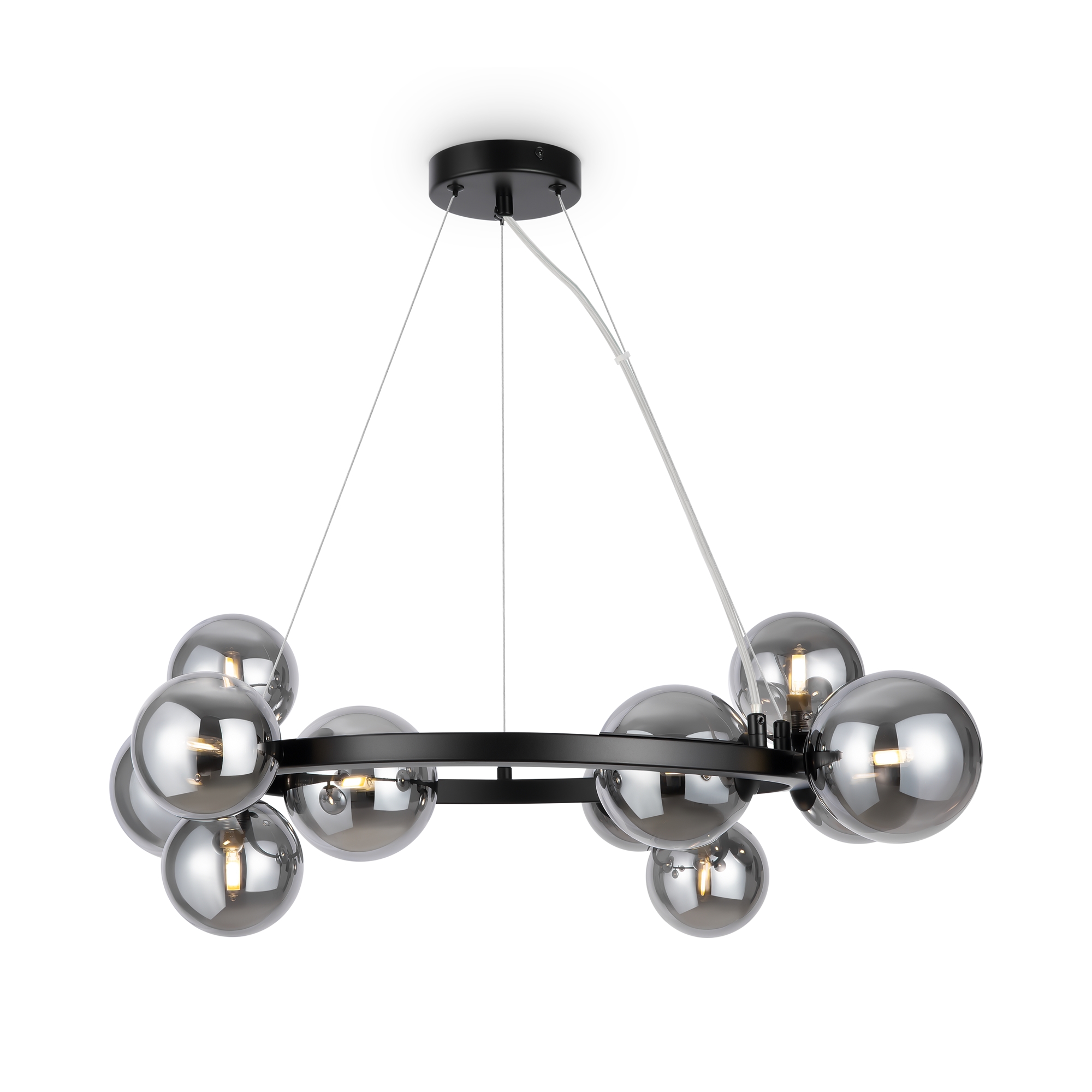 Dallas 11 Light Bubble Chandelier, Smoked Glass, Black Metal, 67cm Wide