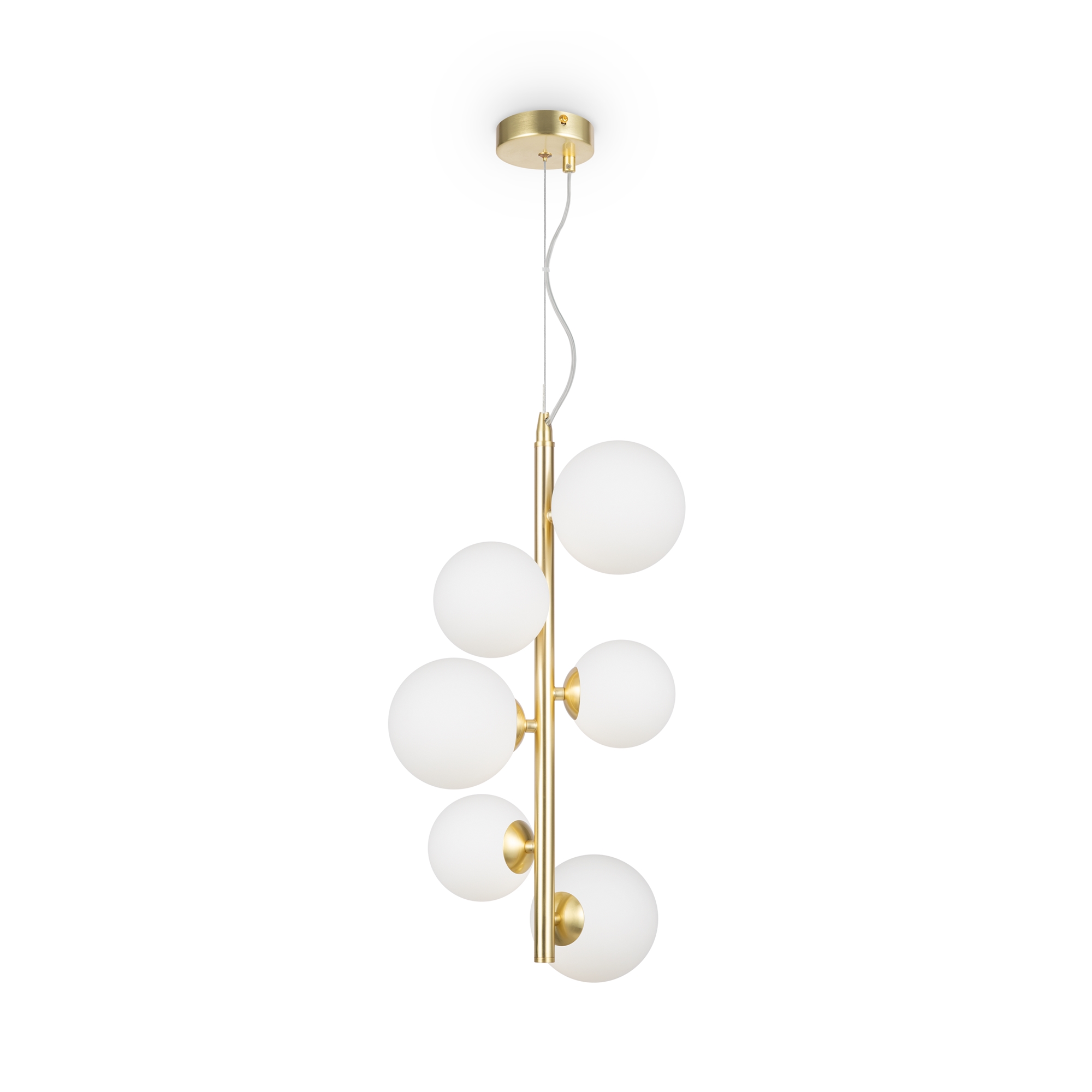 Dallas 6 Light Pendant Light, White Glass, Gold Metal, 29cm Wide