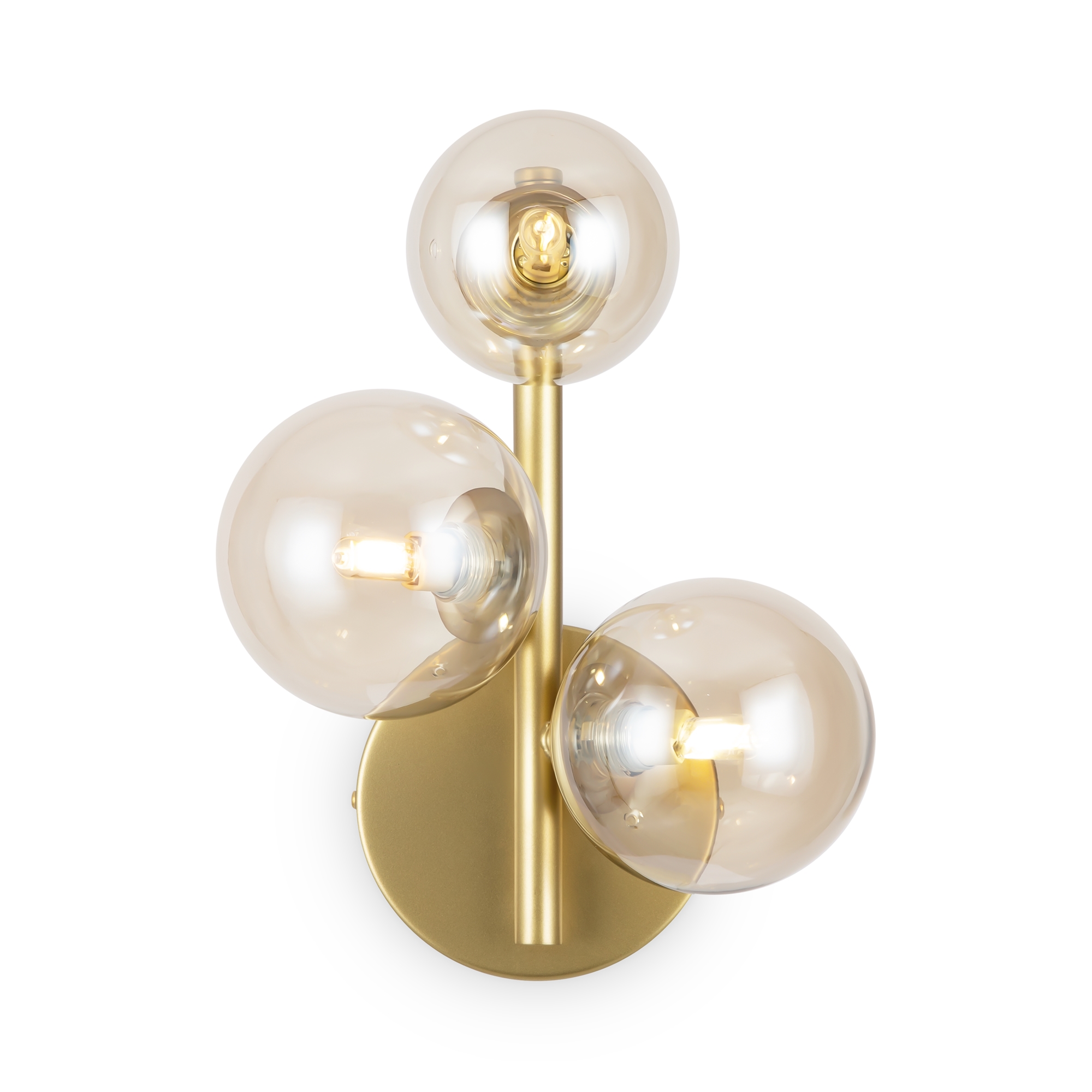 Dallas 3 Lamp Wall Light, Amber Glass, Gold Metal, 20cm Wide
