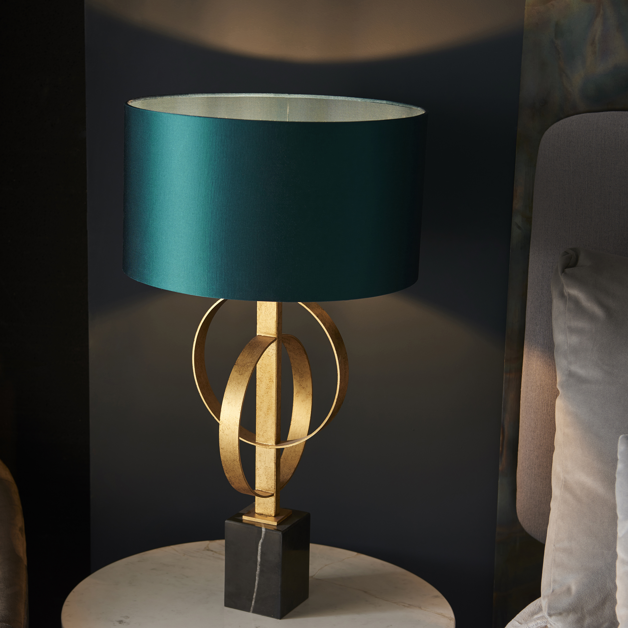 Oratio Table Lamp, Gold Leaf, Teal Drum Shade