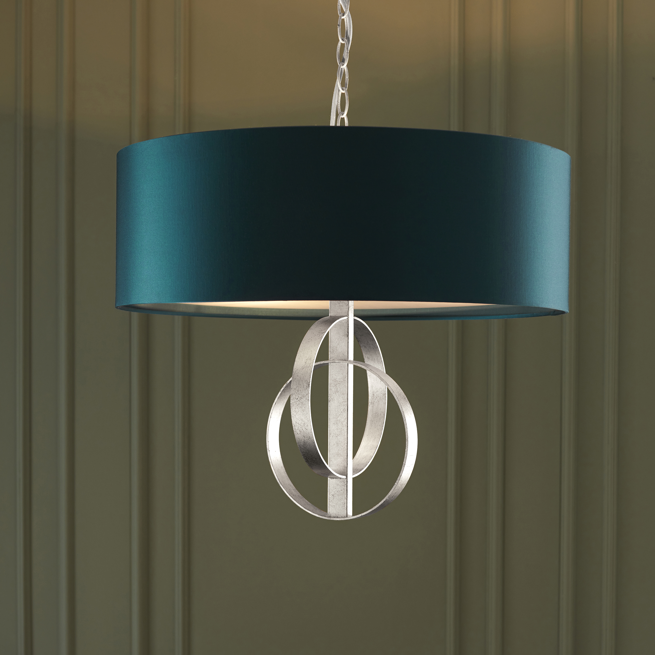 Oratio Pendant Light, Silver, Large Teal Drum Shade, 60cm