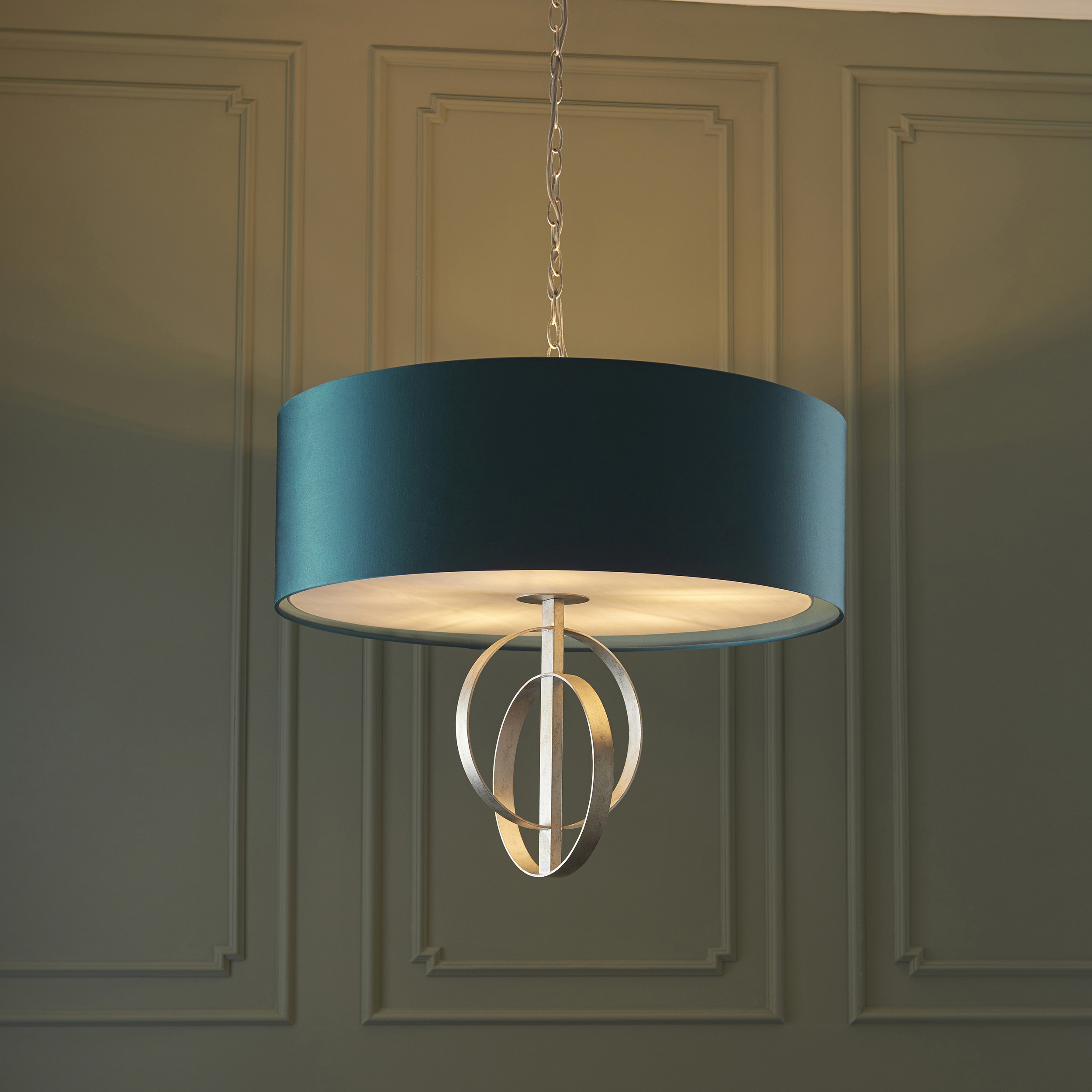 Oratio Pendant Lamp, Silver, Extra Large, Teal Drum Shade, 70cm