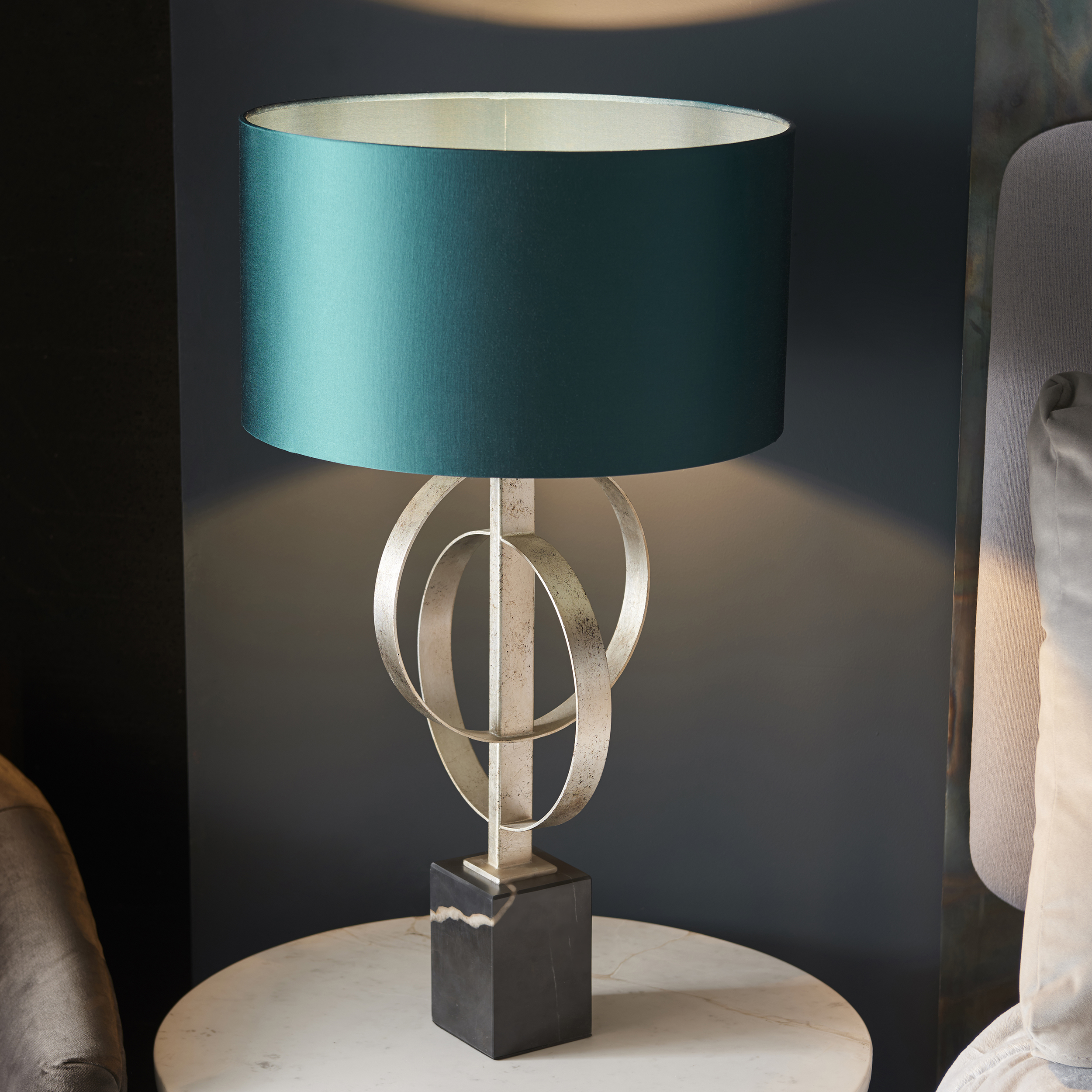 Oratio Table Lamp, Silver, Teal Fabric Shade