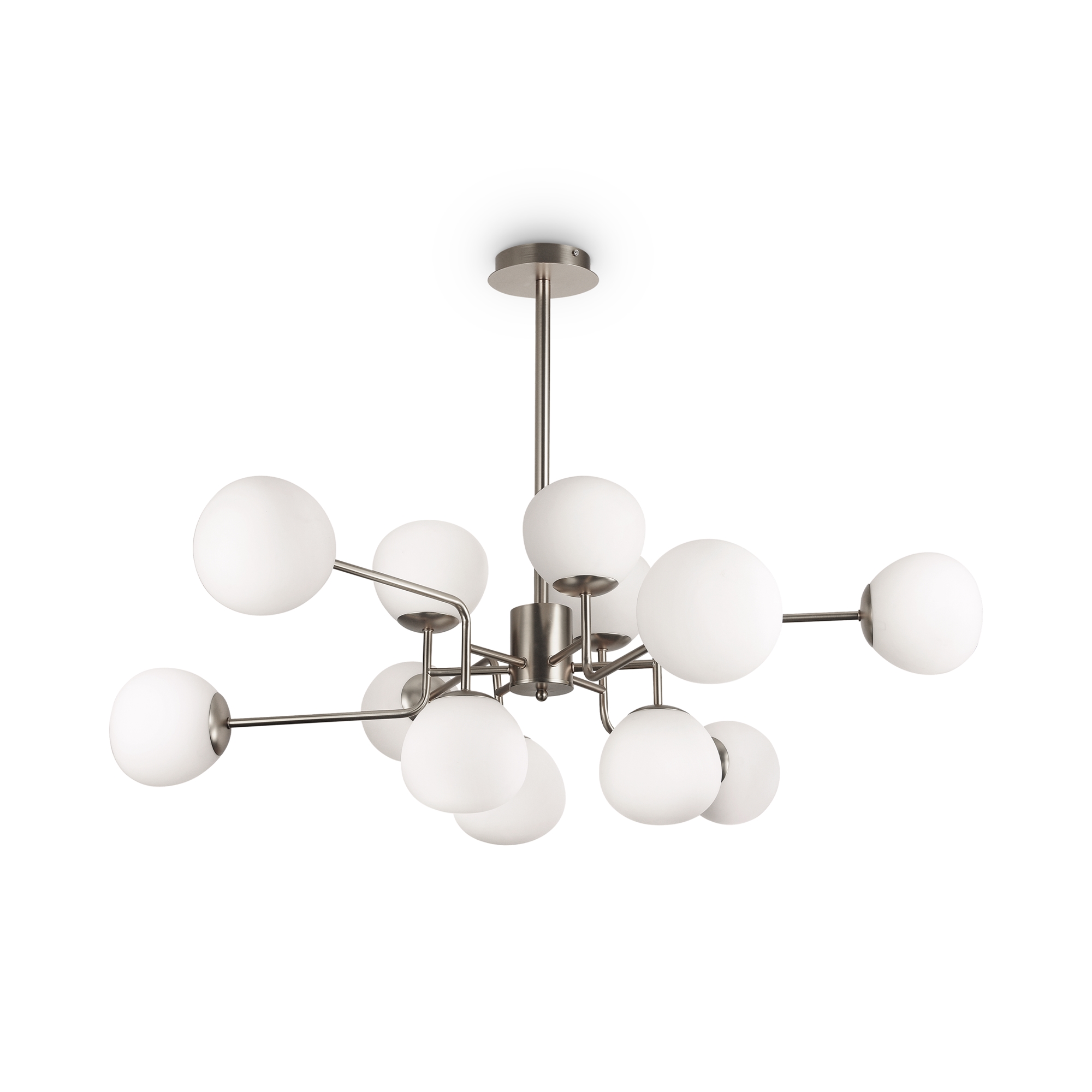 Erich 12 Light Chandelier, Nickel Metal, White Glass, 110cm Wide