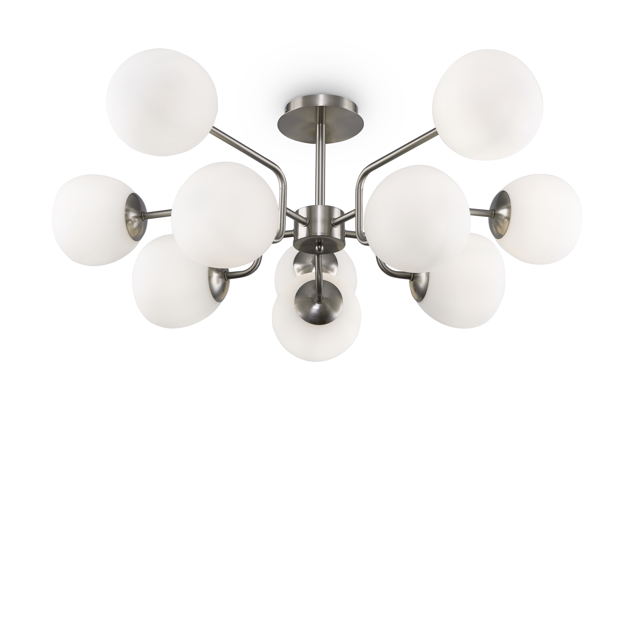 Erich 10 Light Ceiling Lamp, Semi Flush, Nickel Metal, White Glass, 90.7cm Wide