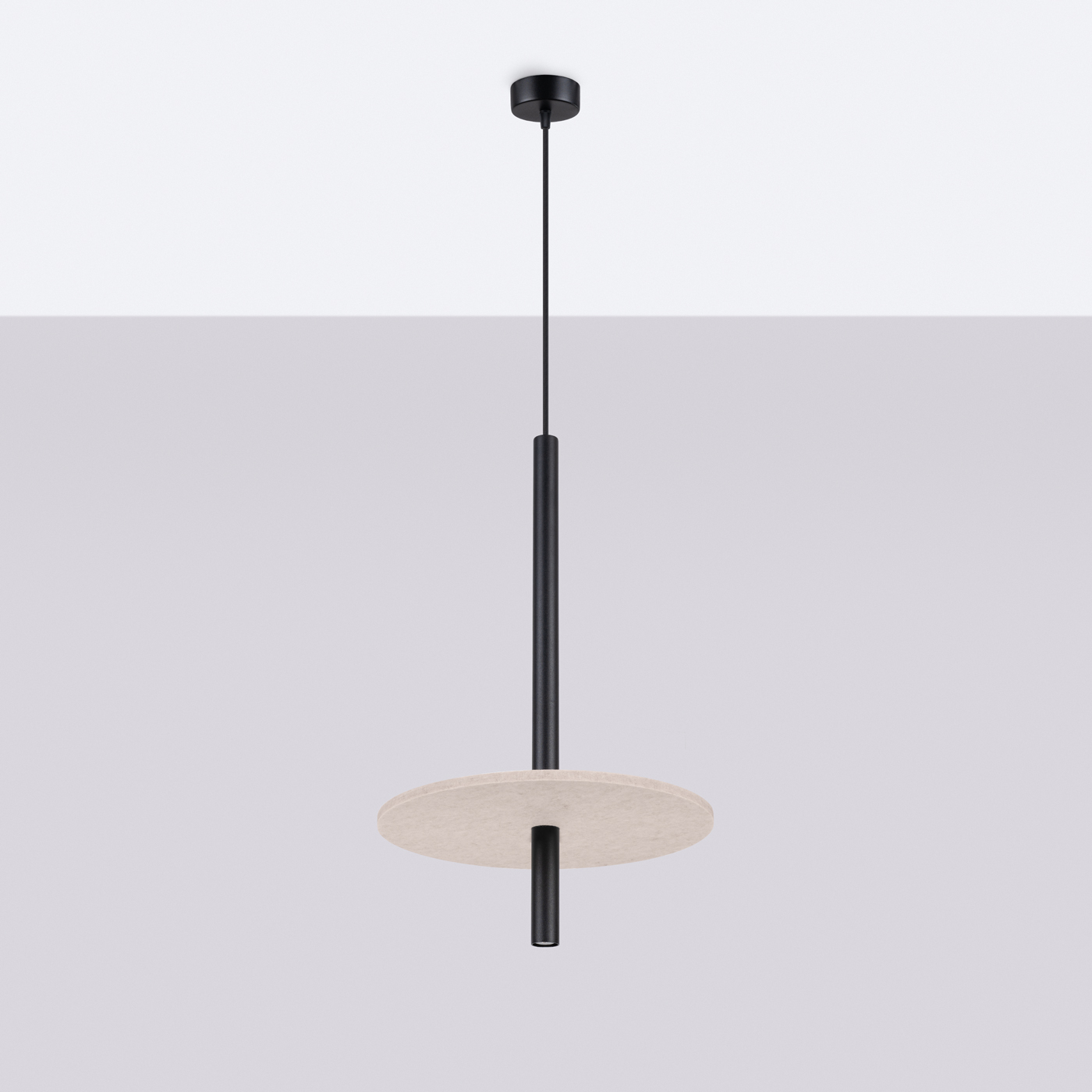 Felora Beige Long Pendant Light, Black Metal Cylinder, Felt Shade, 30cm Diameter