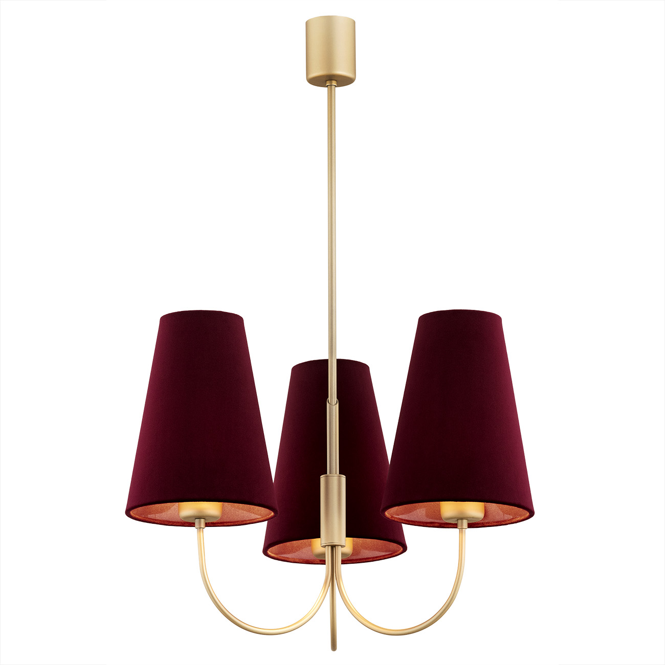 Fiano 3 Light Chandelier, Gold, Burgundy Shades, 49cm