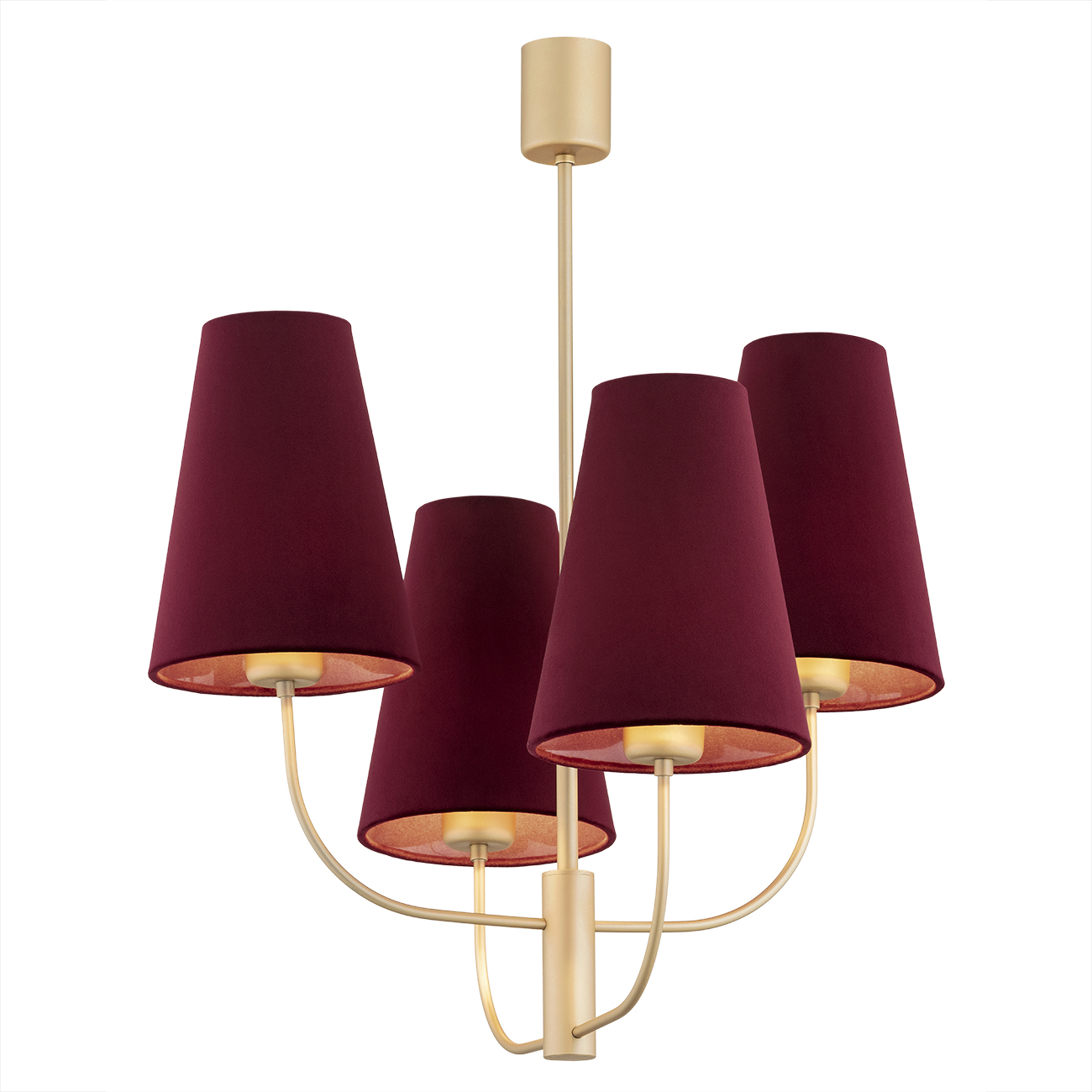Fiano Chandelier, 4 Lamp, Gold, Burgundy Fabric Shades, 58cm