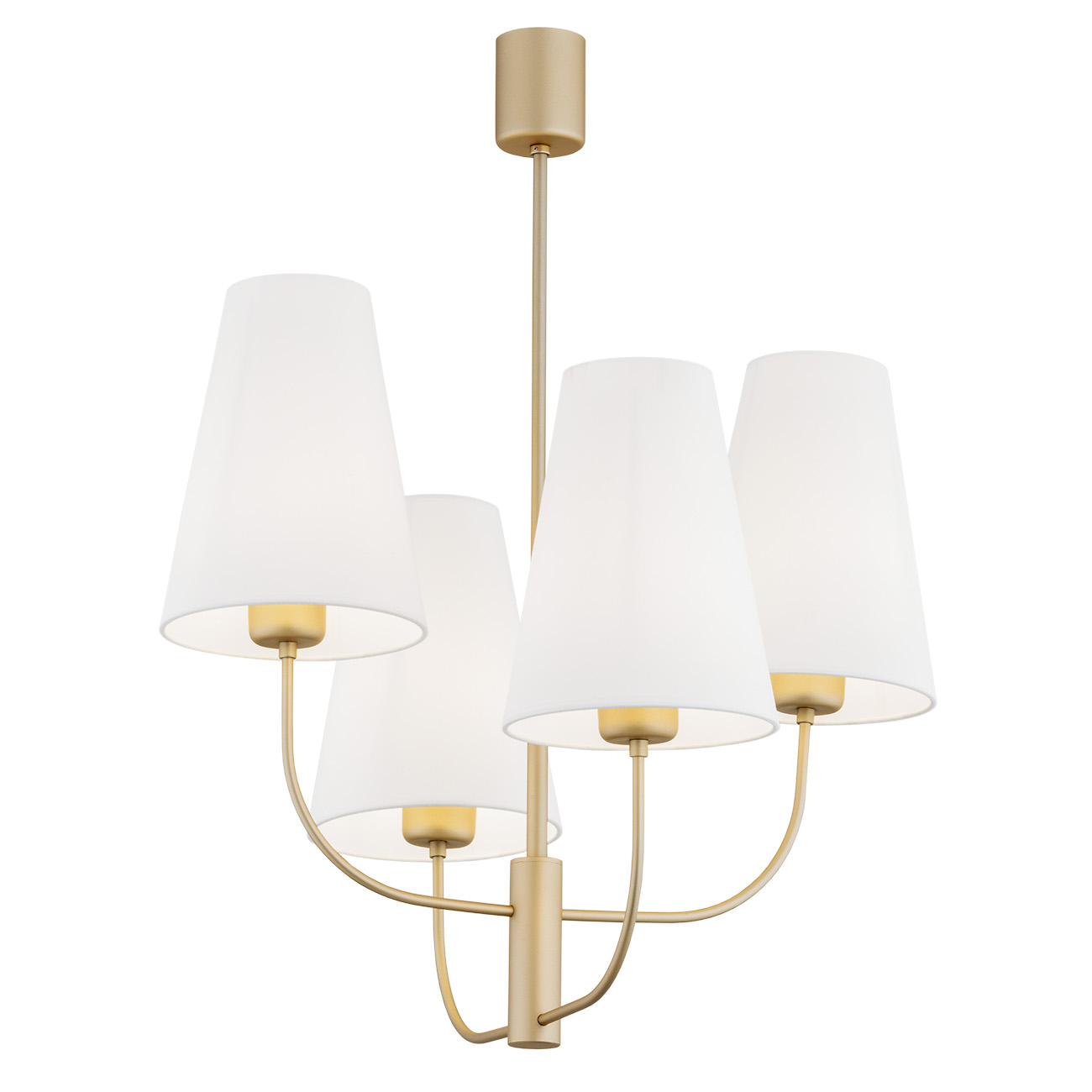 Fiano Chandelier, 4 Lamp, Gold, White Lampshades, 58cm